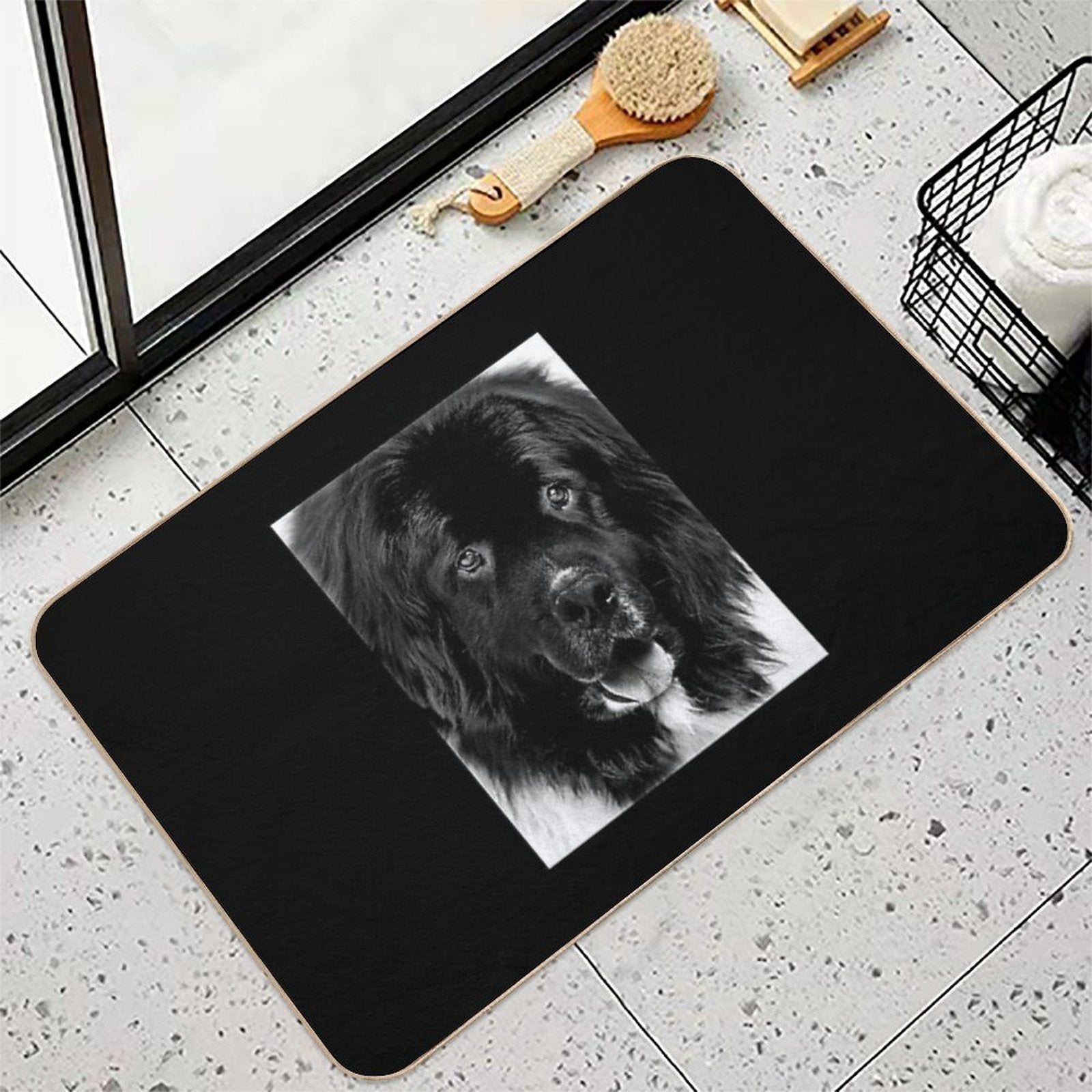Newfoundland Dog Portrait in Black And White Durable Bath Mat