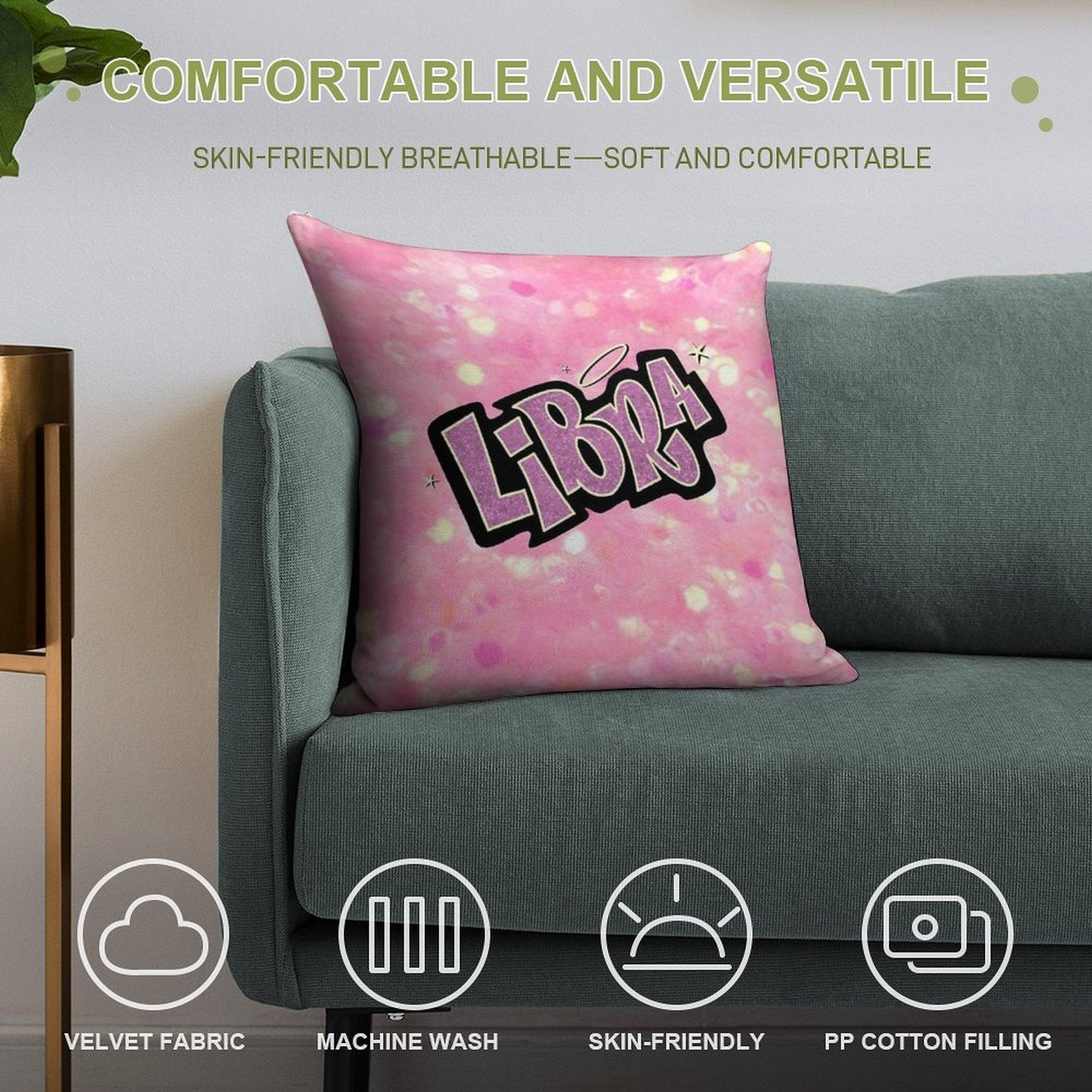 Libra Bratz Style - Iconic Pink Glitter Font Logo Cute Y2k Aesthetic Soft Short Plush Fabric Throw Pillow
