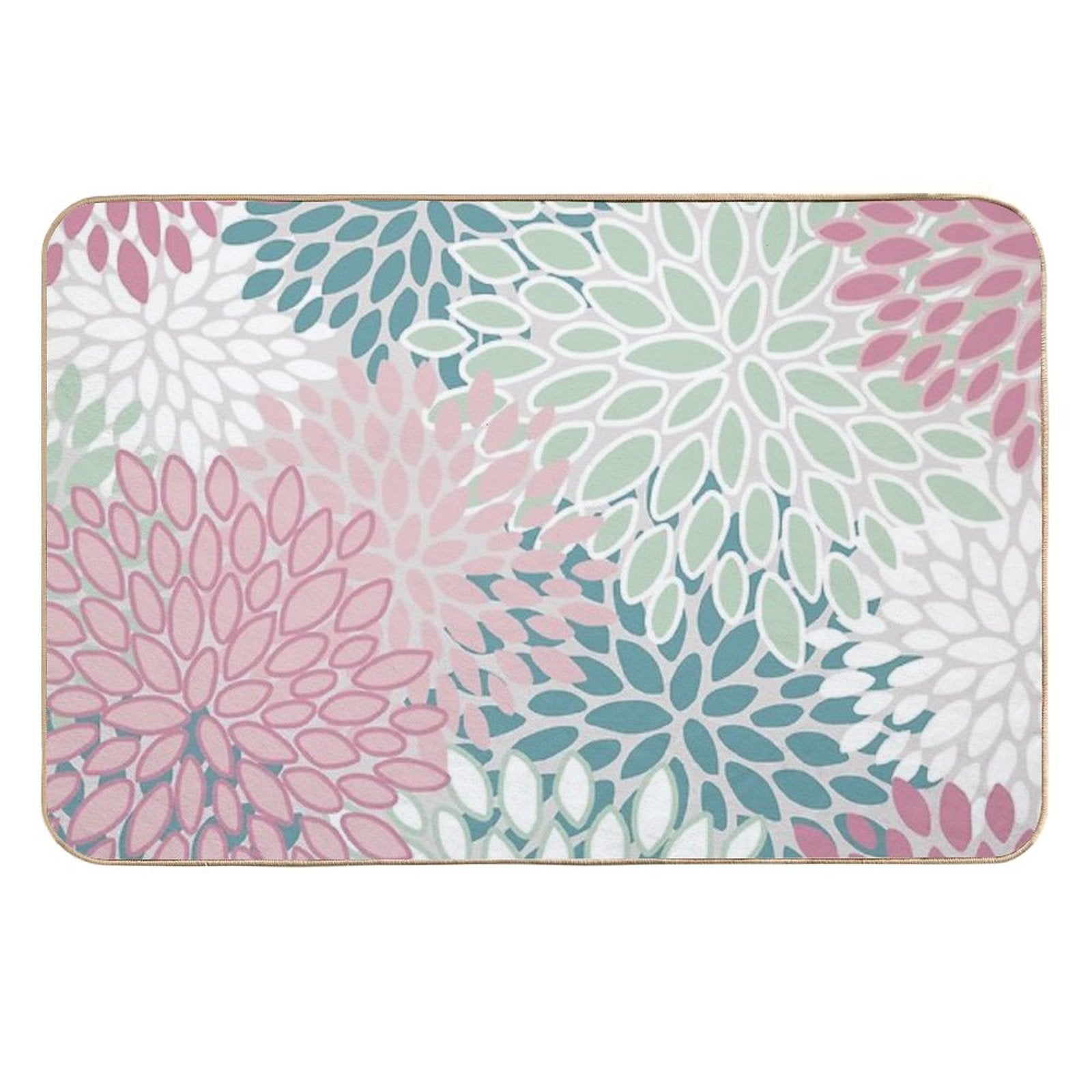 Soft Flower Pattern, Pink, Green, Teal And White  Easy To Clean Bath Mat