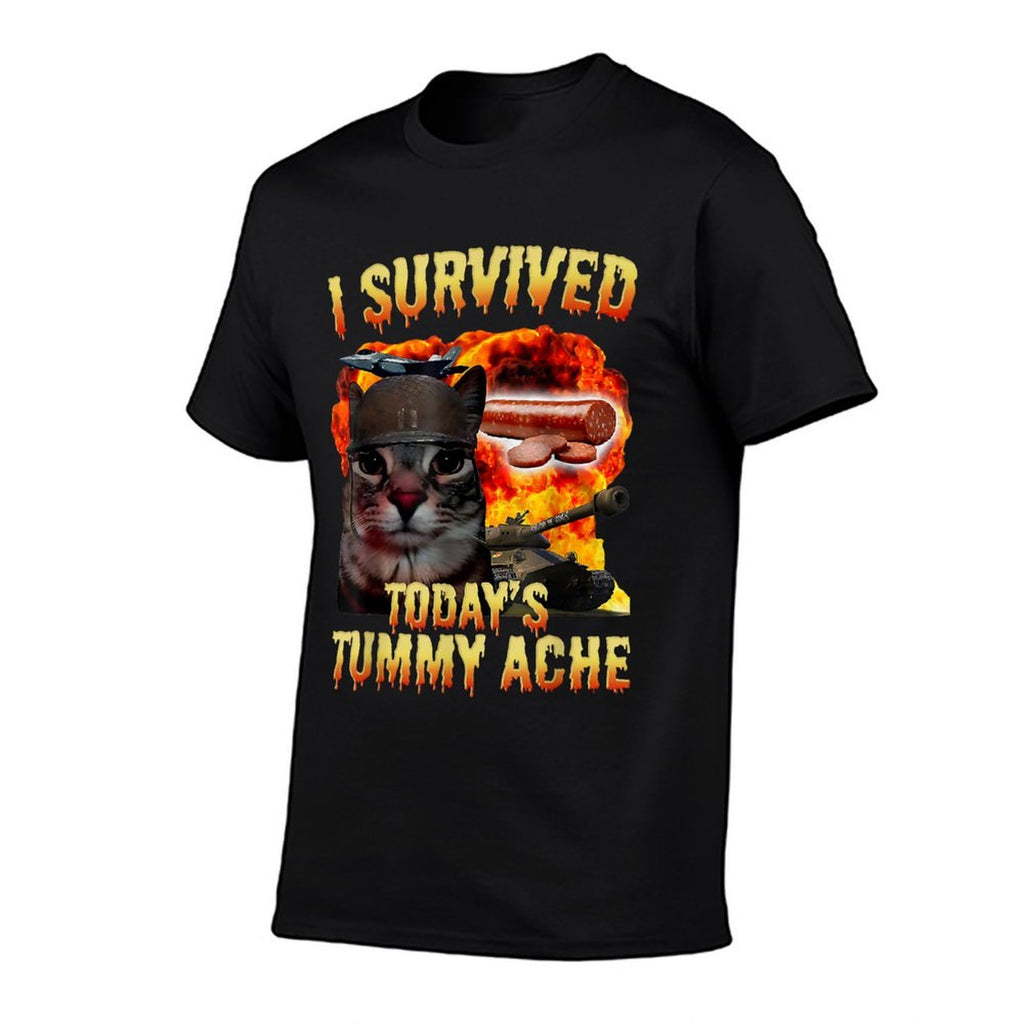 Tummy Ache Survivor Cat Meme Funny Saying Cats Animals Men Women Kids  Durable T-Shirt