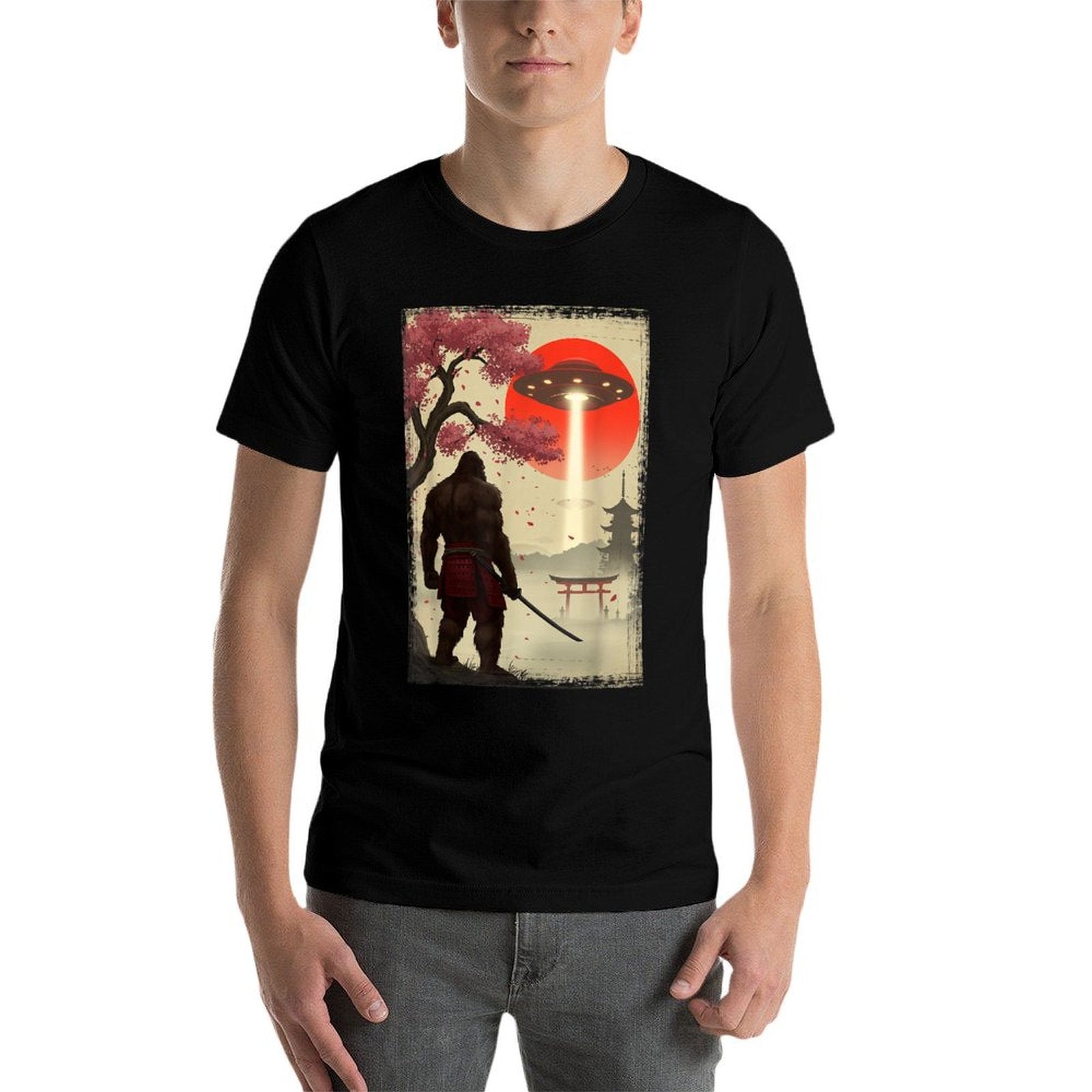 Japanese Samurai Bigfoot UFO Ukiyo-e Katana Vintage Graphic  Classic T-Shirt