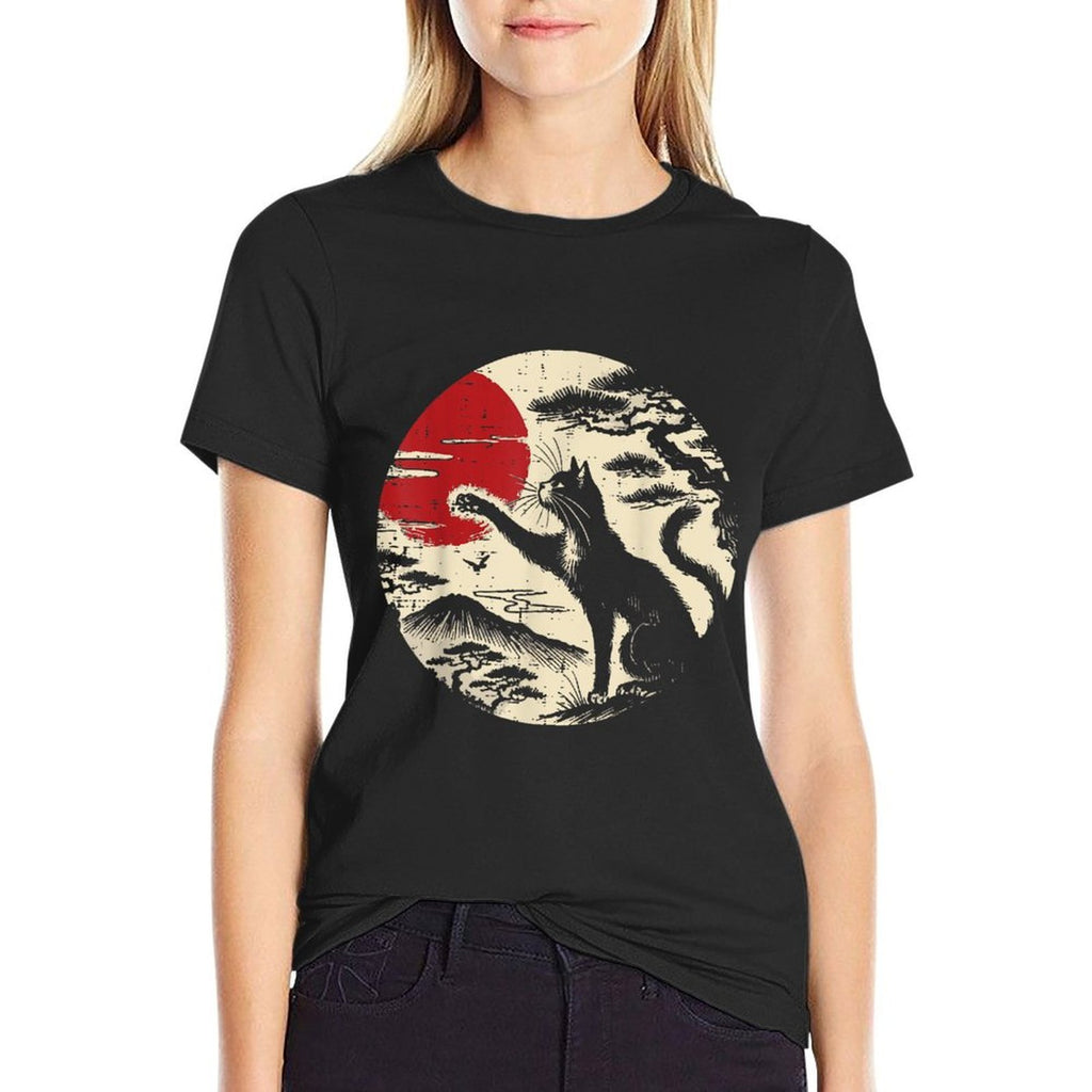 Japanese Cat Reaching Red Moon Vintage Art Men Women Kids  Relaxed-fit T-Shirt