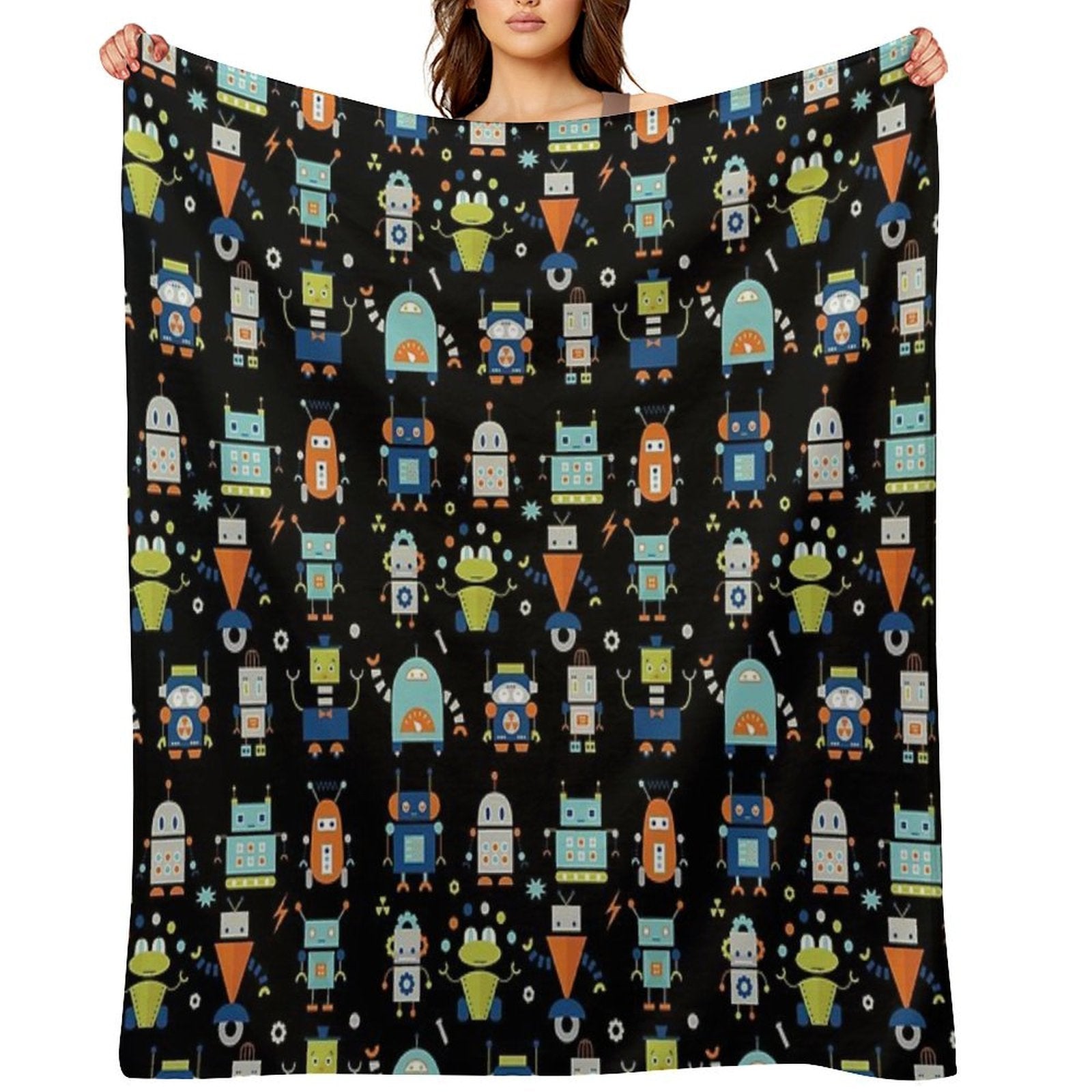 Robots Pattern Black Lightweight Throw Blanket