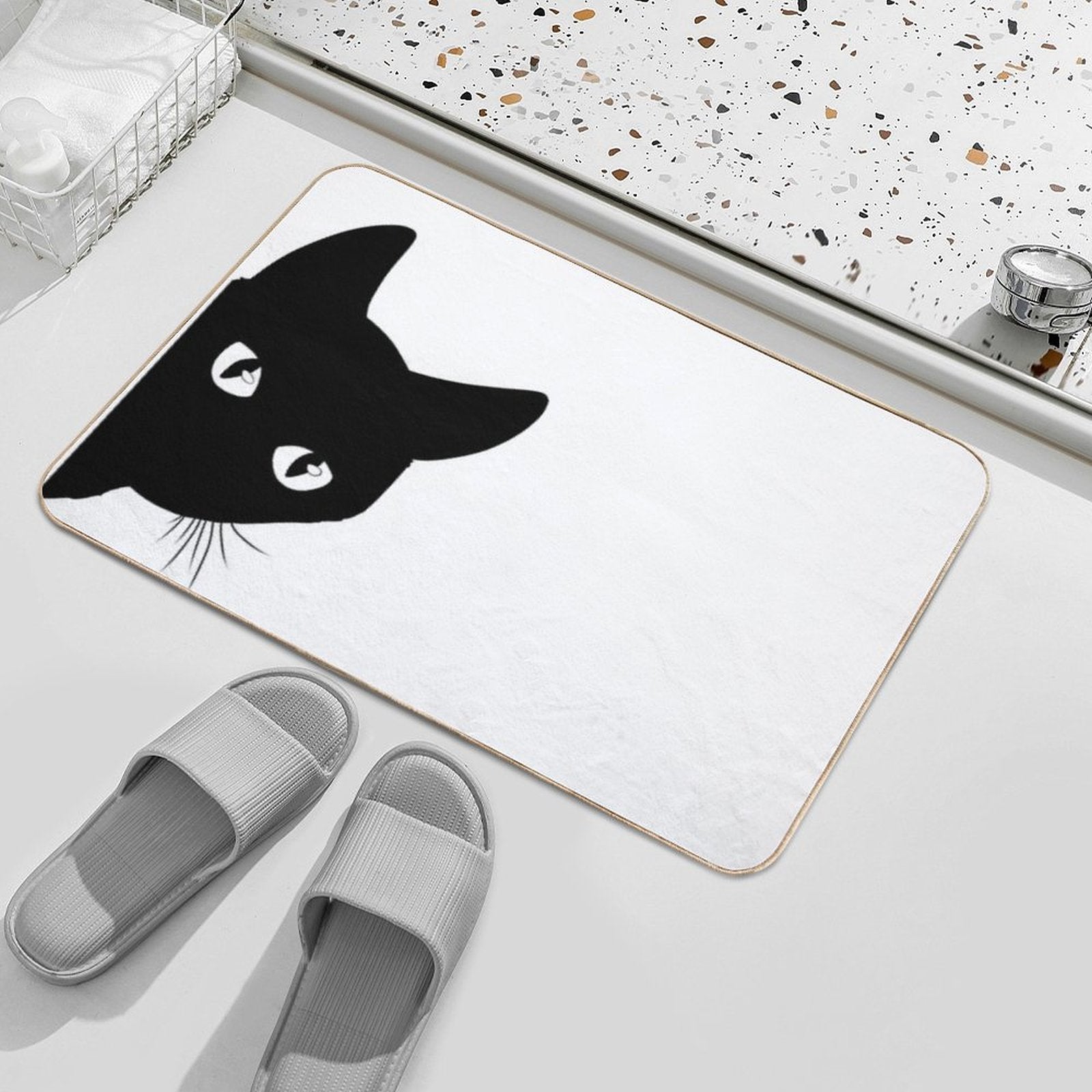 Black Cat Peeking Around The Corner Silhouette  Long-Lasting Bath Mat