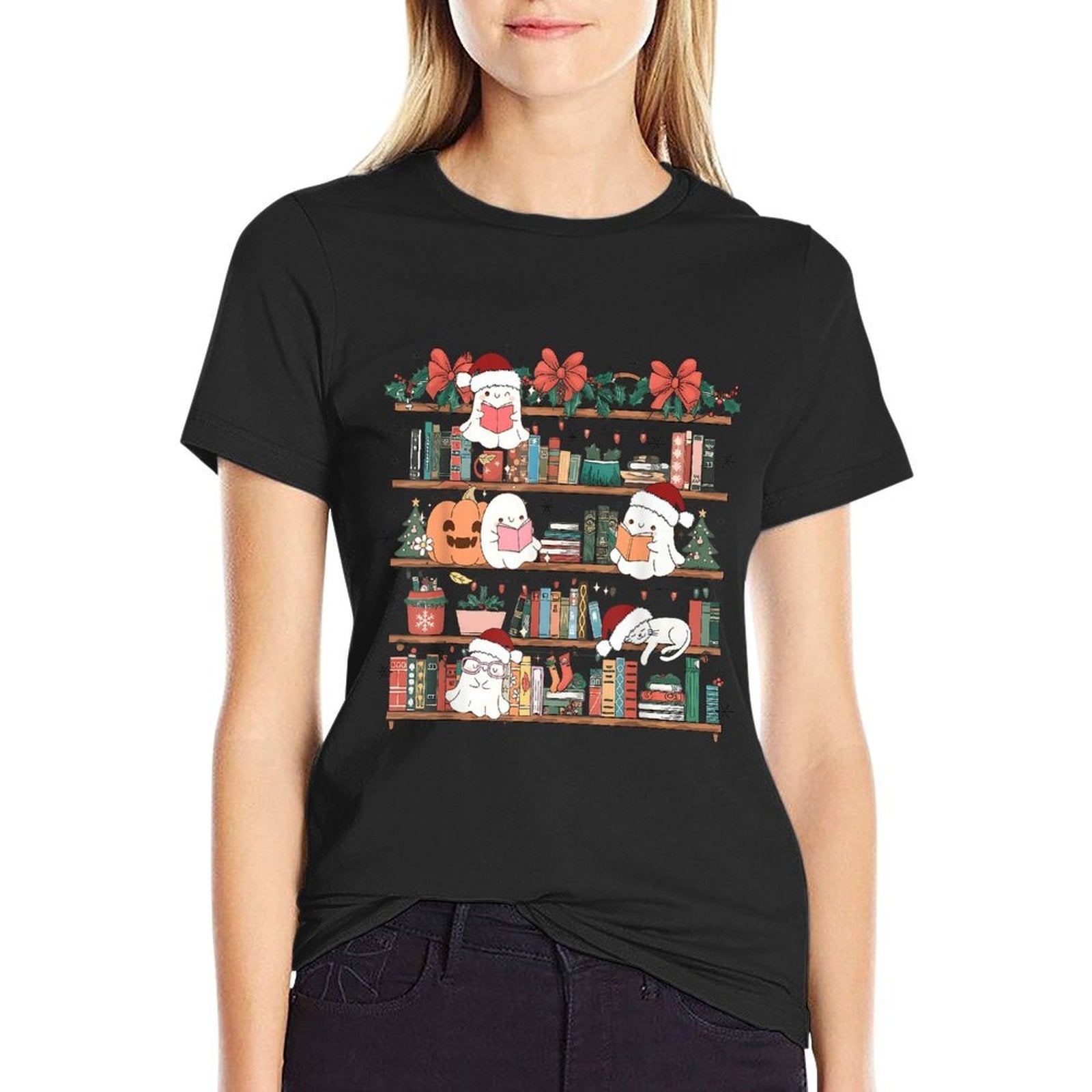 Ghost Christmas Reading Book Lover Library Christmas Teacher  Trendy Pattern T-Shirt