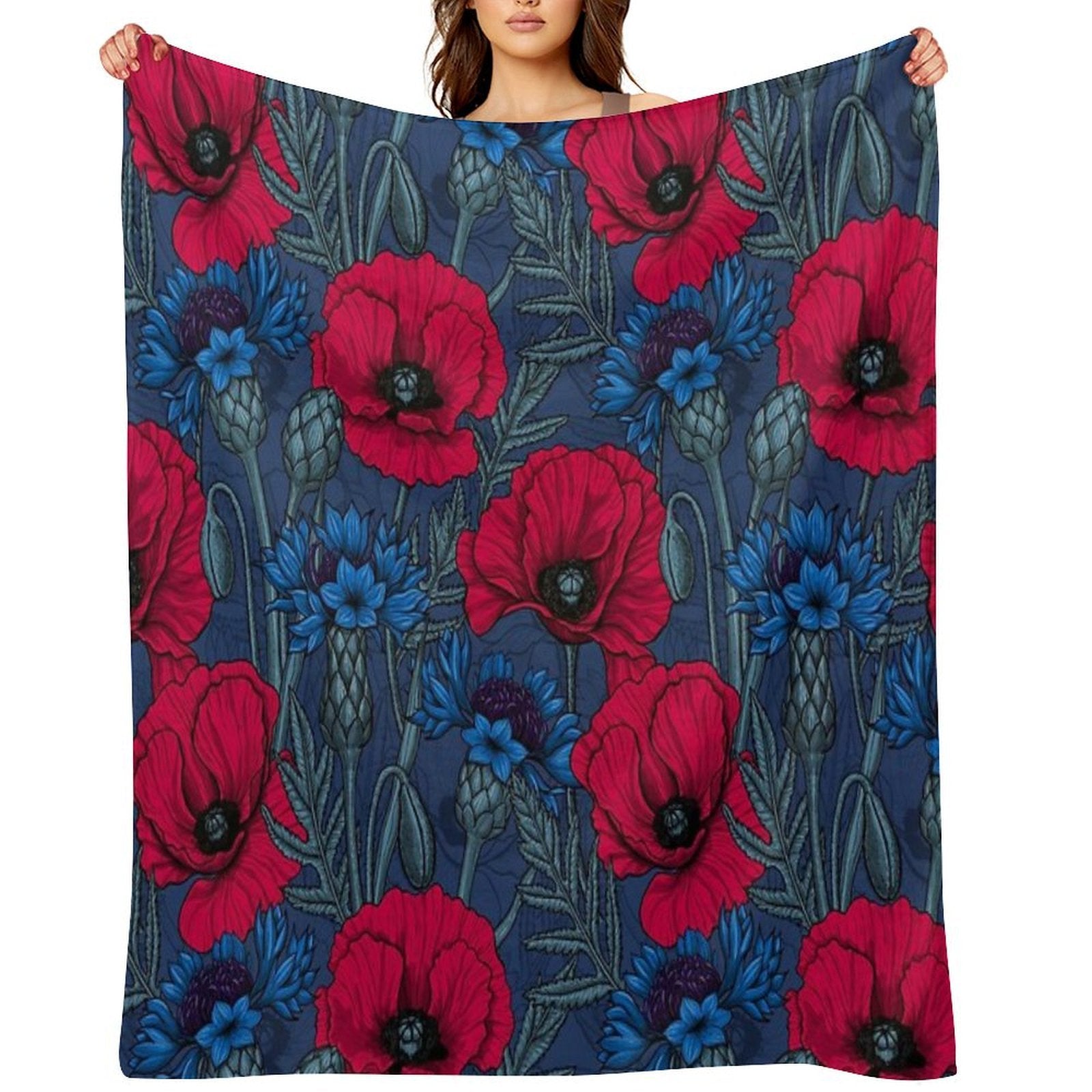 Red Poppies And Blue Cornflowers on Blue Shrink-resistant Throw Blanket