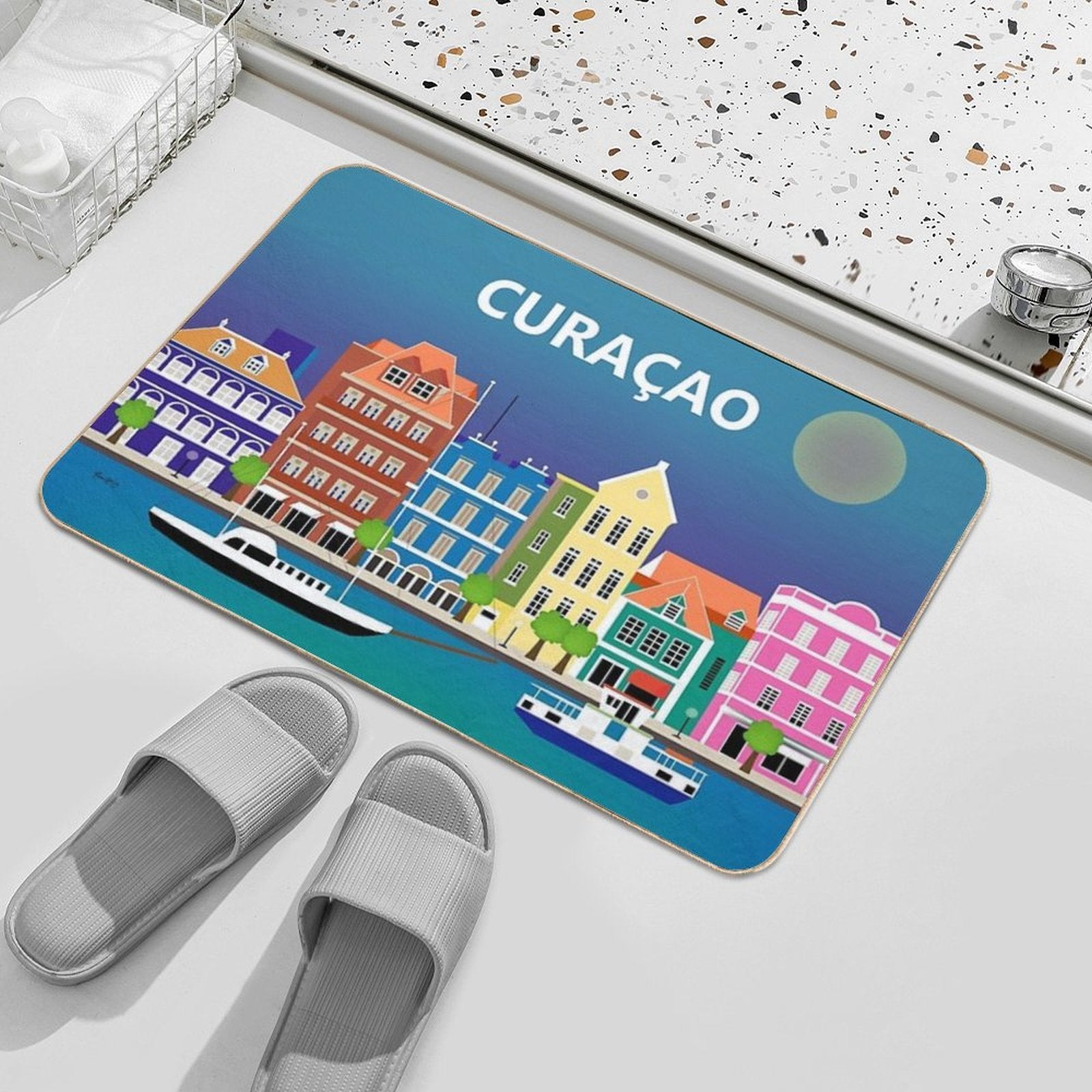 Curacao - Skyline Illustration by Loose Petals  Anti-Trip Bath Mat