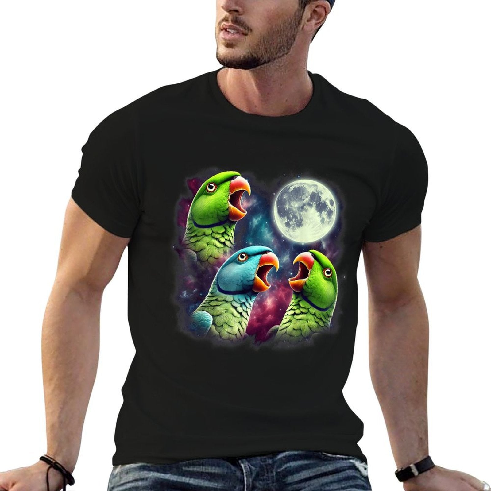 Three Indian Ringneck Parrots Howling at Moon Funny Meme  Oversized Silhouette T-Shirt