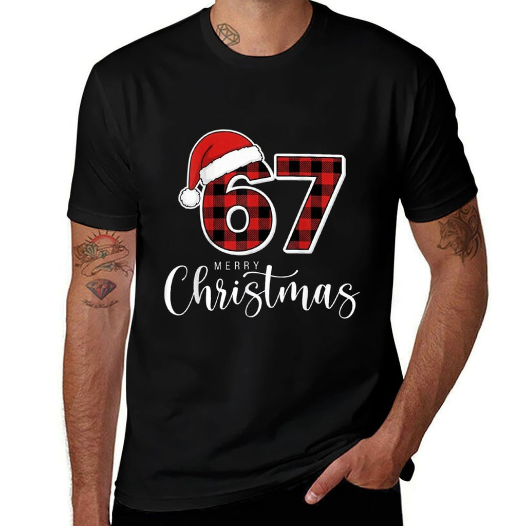 67 Meme Merry Christmas 67 Buffalo Plaid Xmas Retro Vintage  Rolled Sleeves T-Shirt