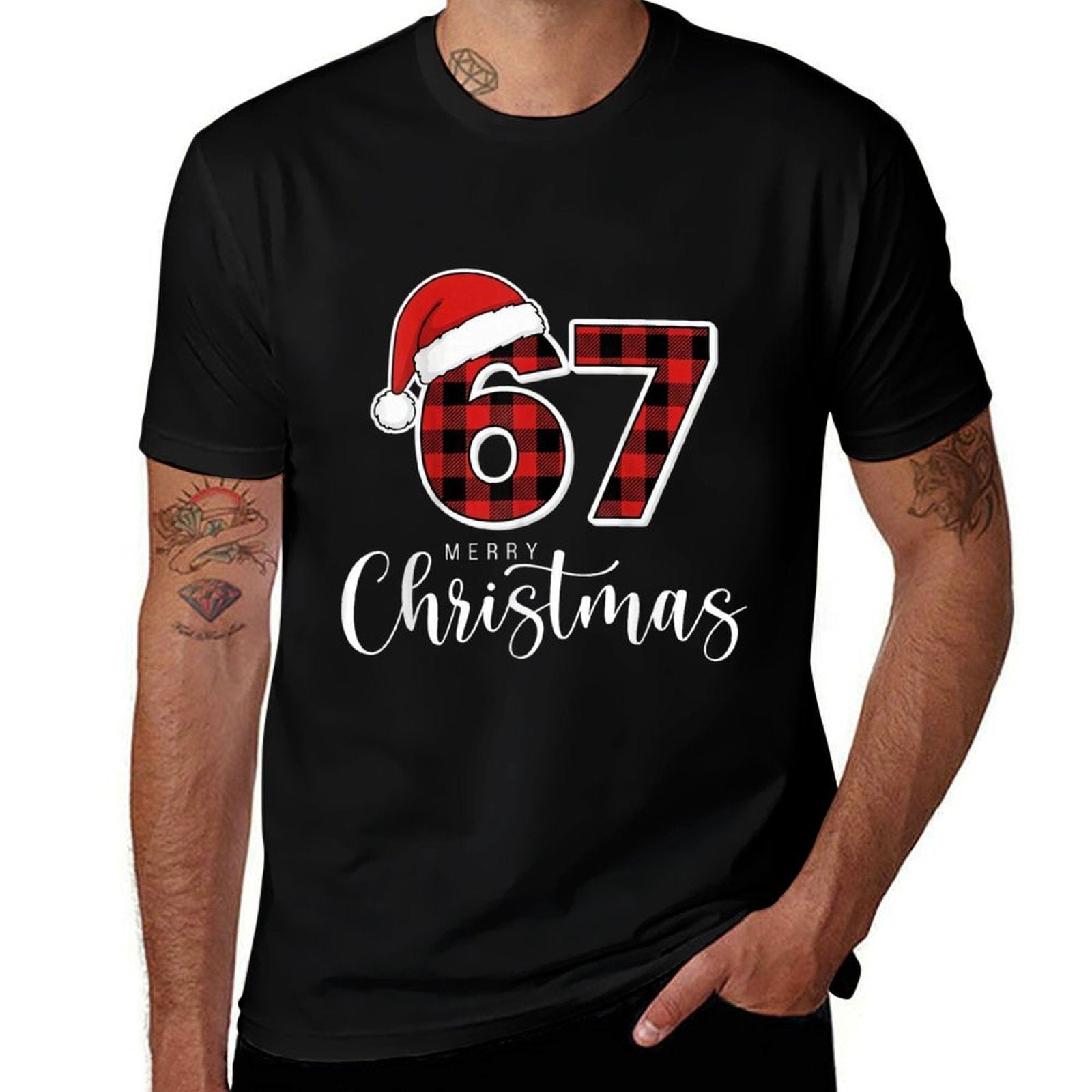 67 Meme Merry Christmas 67 Buffalo Plaid Xmas Retro Vintage  Rolled Sleeves T-Shirt