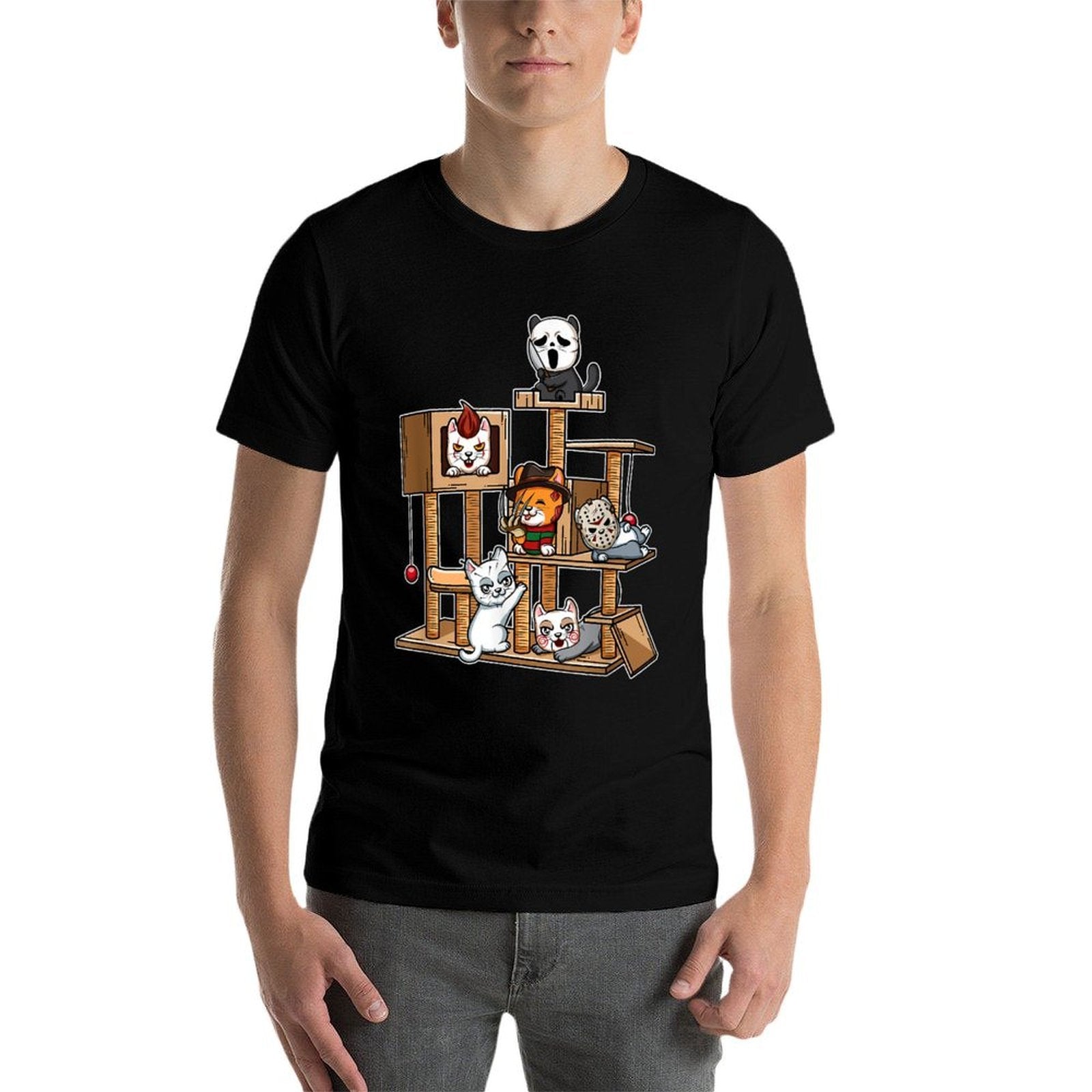 Funny Horror Movie Kitten Playing On Cat Tree  Moisture-wicking T-Shirt