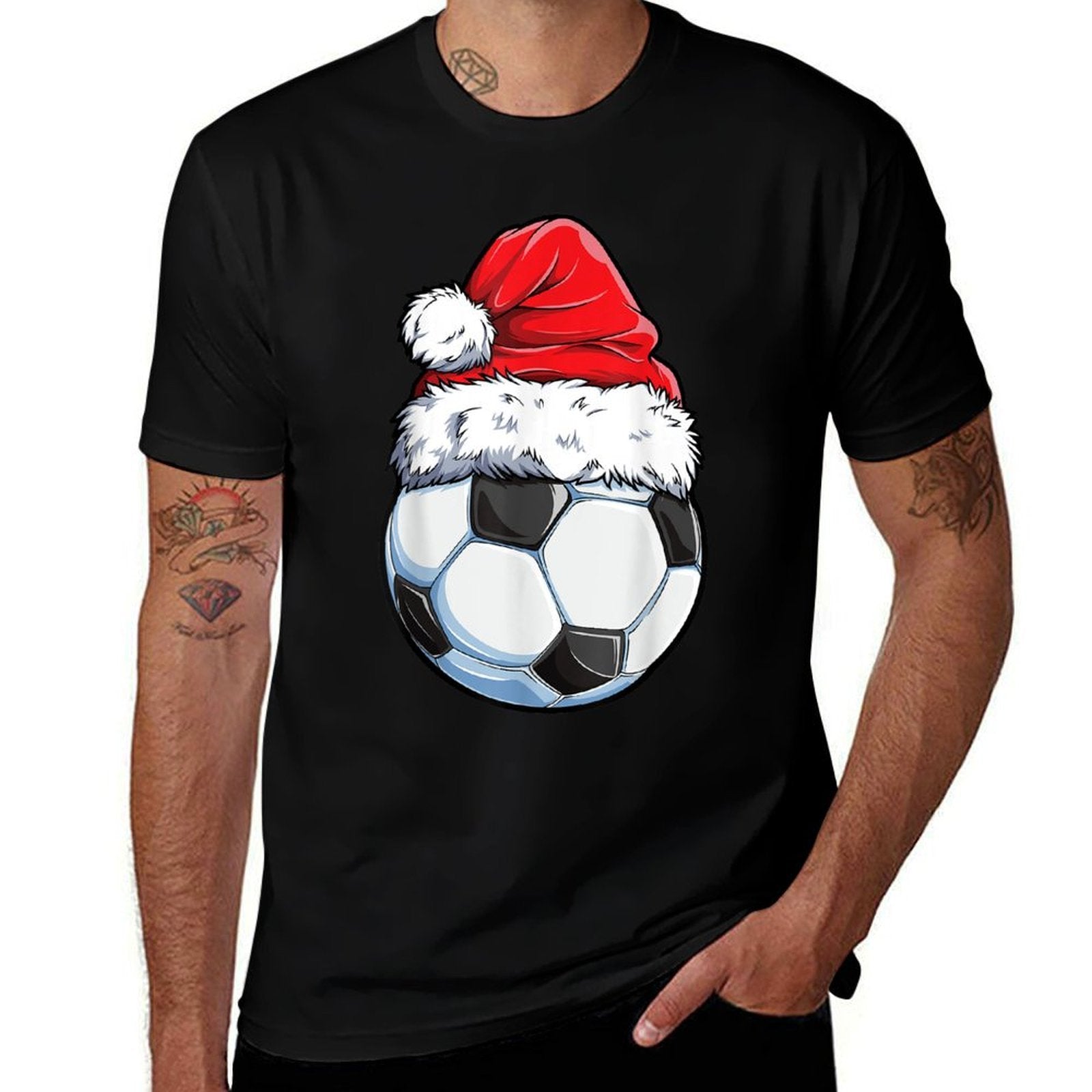 Christmas Soccer Ball Santa Hat Funny Sports Xmas Boys Men  Soft T-Shirt