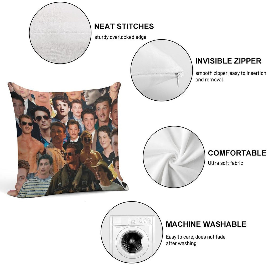 Miles Teller Photo Collage Soft Shrink-Resistant Throw Pillow