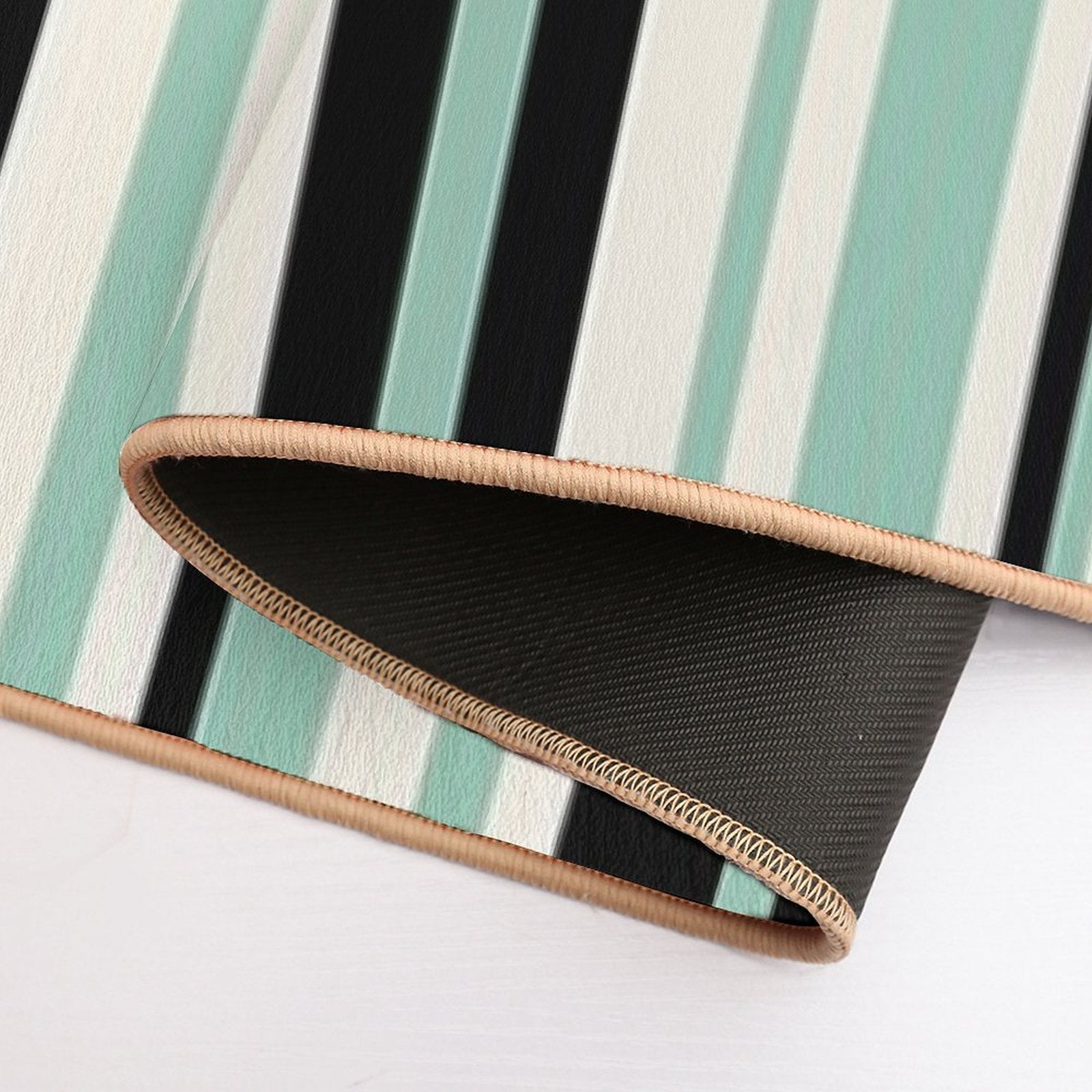 Vertical Retro Stripes in Mint Green, Black, And Cream  Easy To Clean Bath Mat