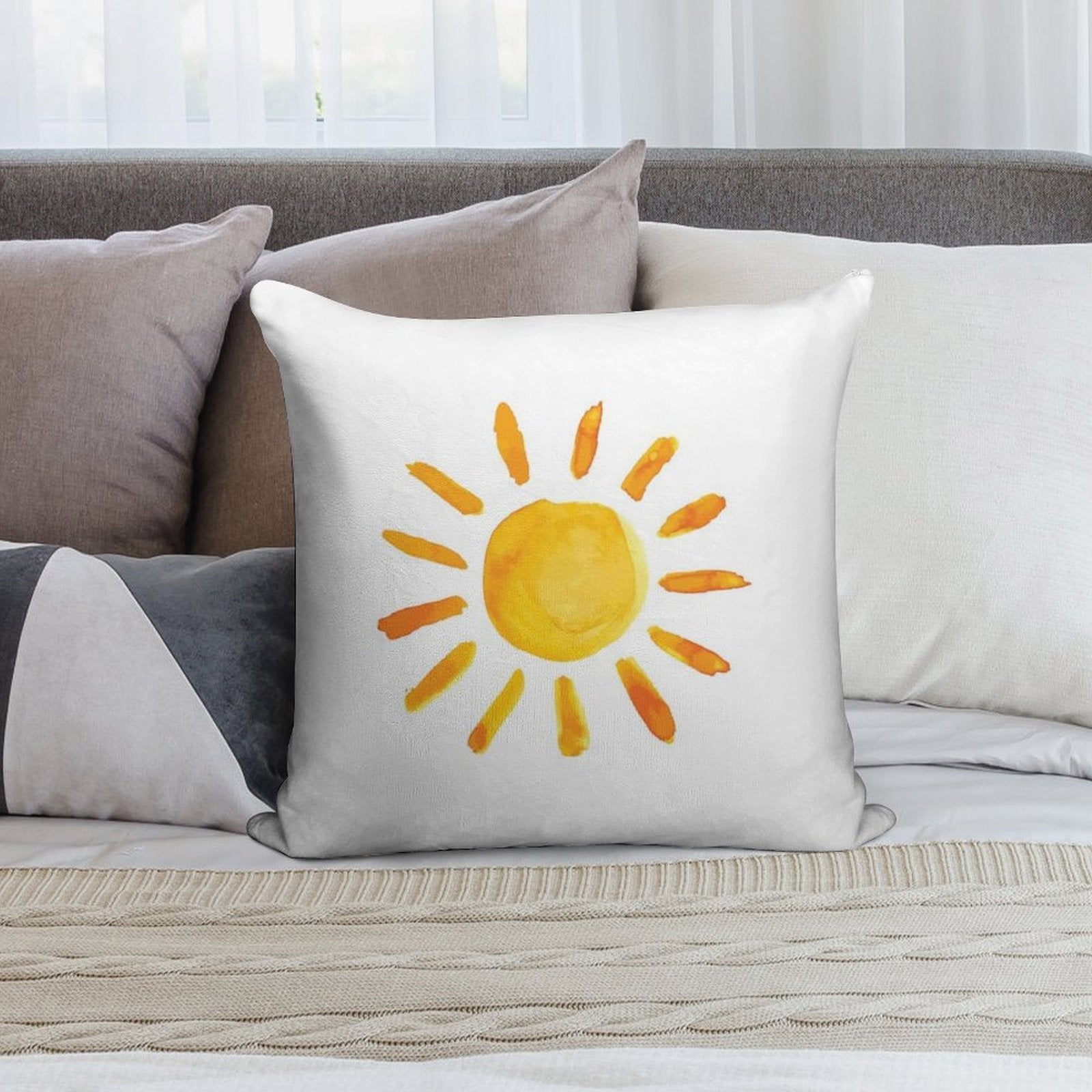 Brushed Watercolor Painted Sun Soft Washable Throw Pillow