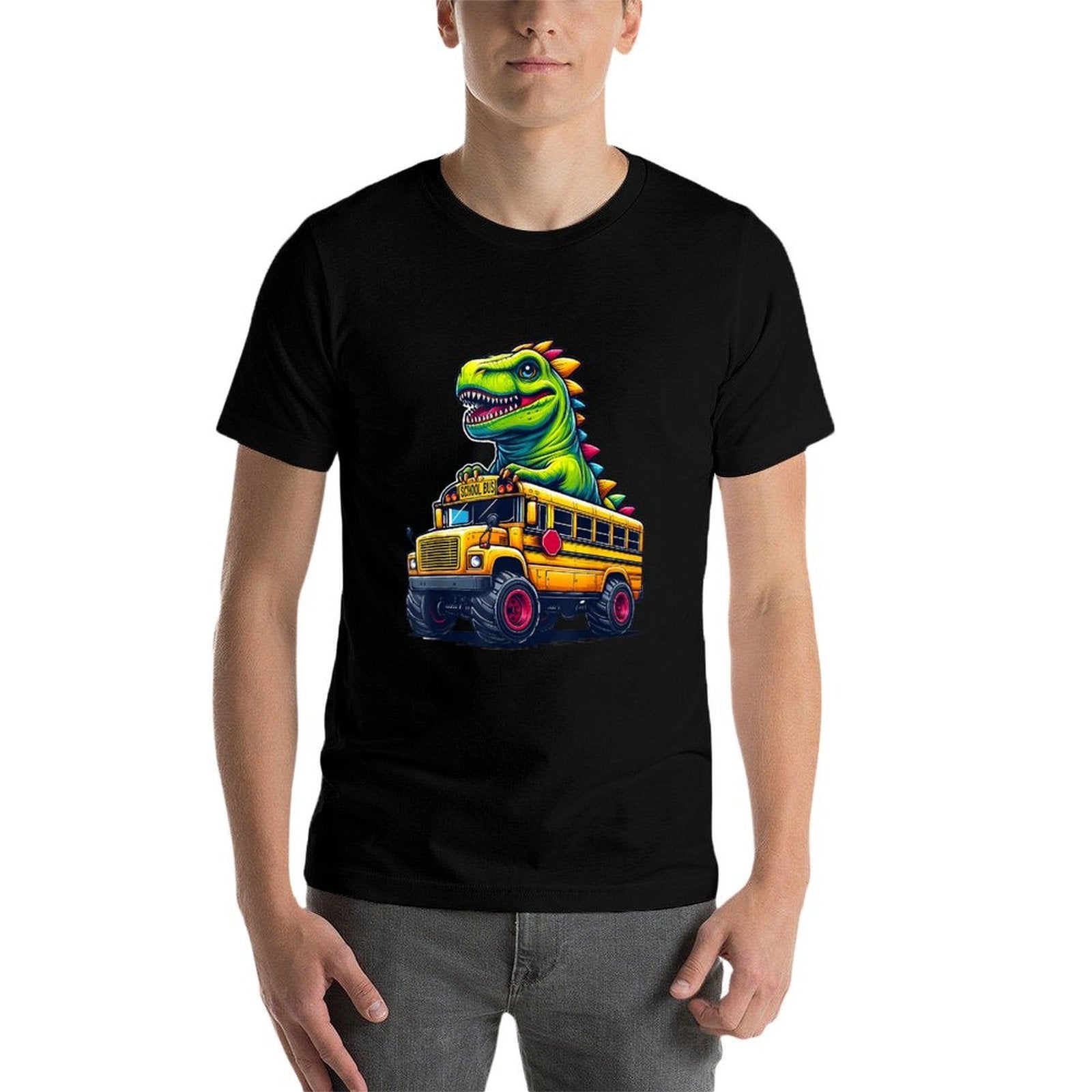 Dinosaur T-rex On Monster Truck School Bus Driver Graphic  Eco-friendly Material T-Shirt