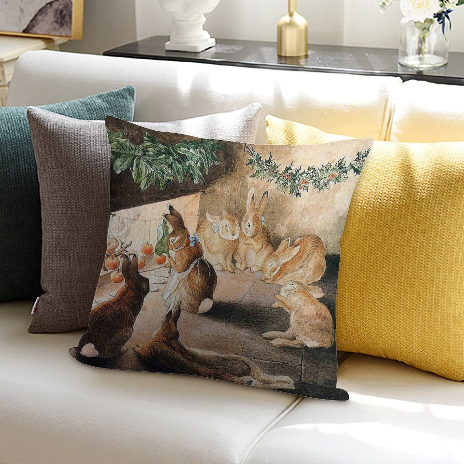 Christmas Rabbit Family Roasting Apples - Beatrix Potter Soft Shrink-Resistant Throw Pillow