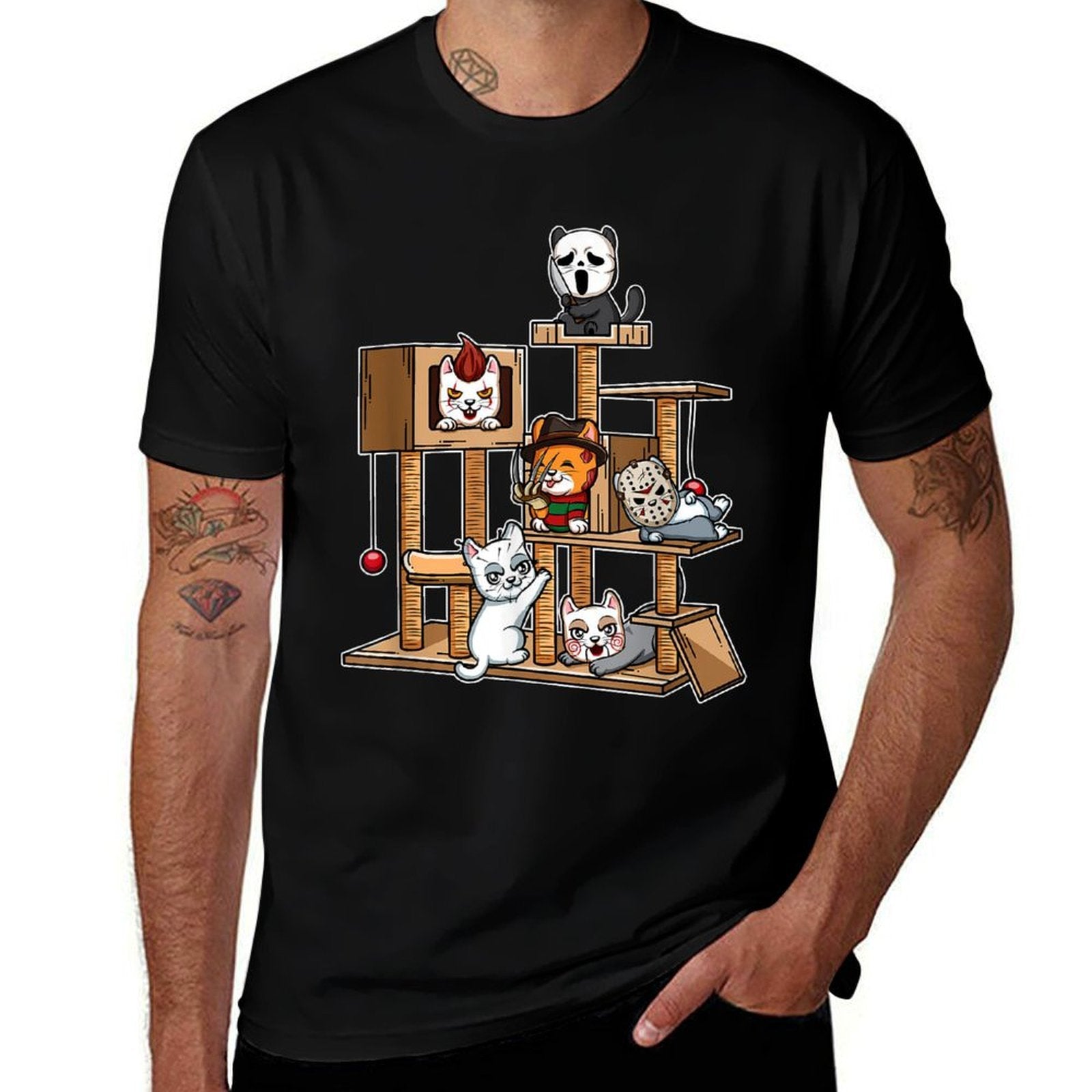 Funny Horror Movie Kitten Playing On Cat Tree  Moisture-wicking T-Shirt