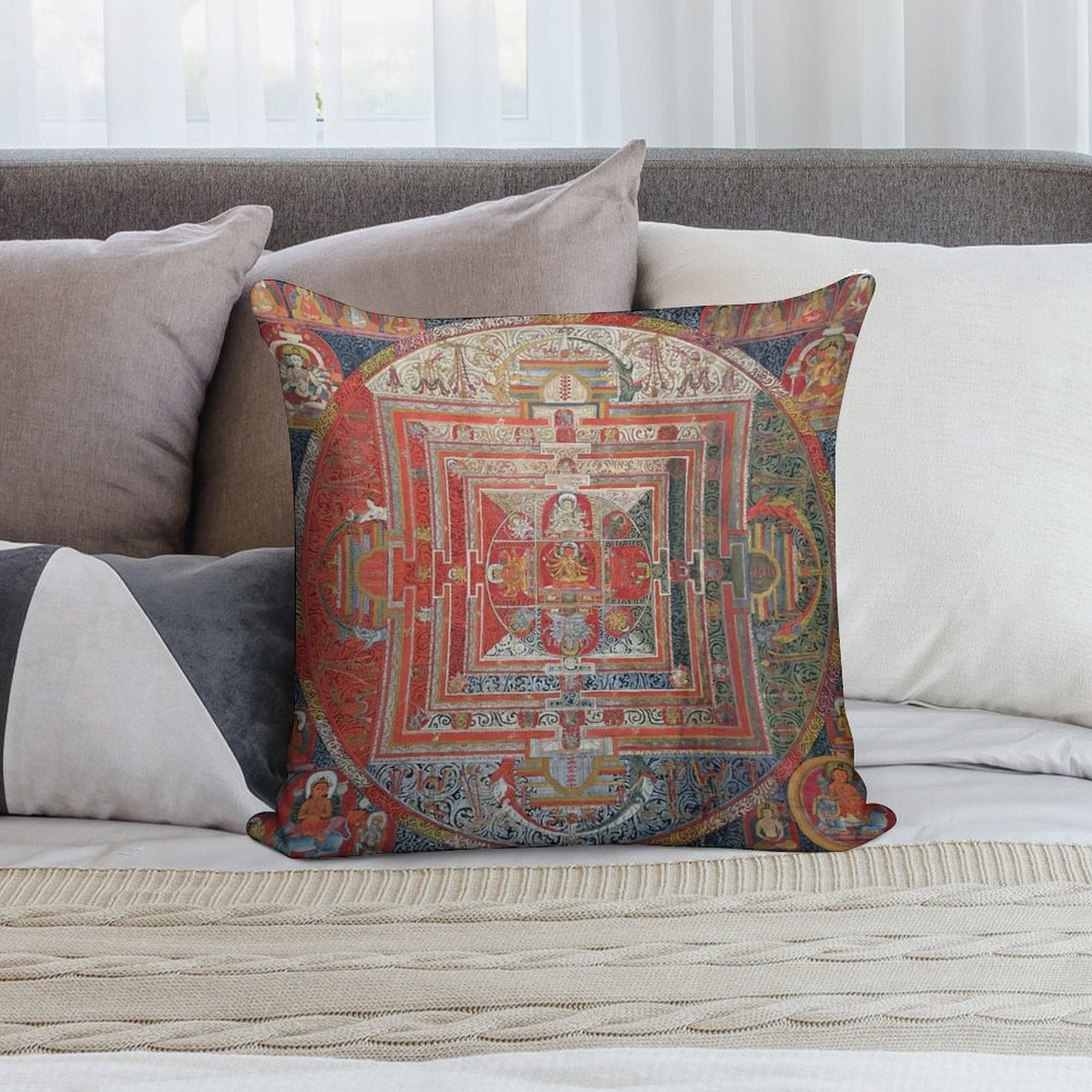 Manjushri Tibetan Buddhist Deity Mandala Thangka Reproduction Soft Skin-Friendly Throw Pillow