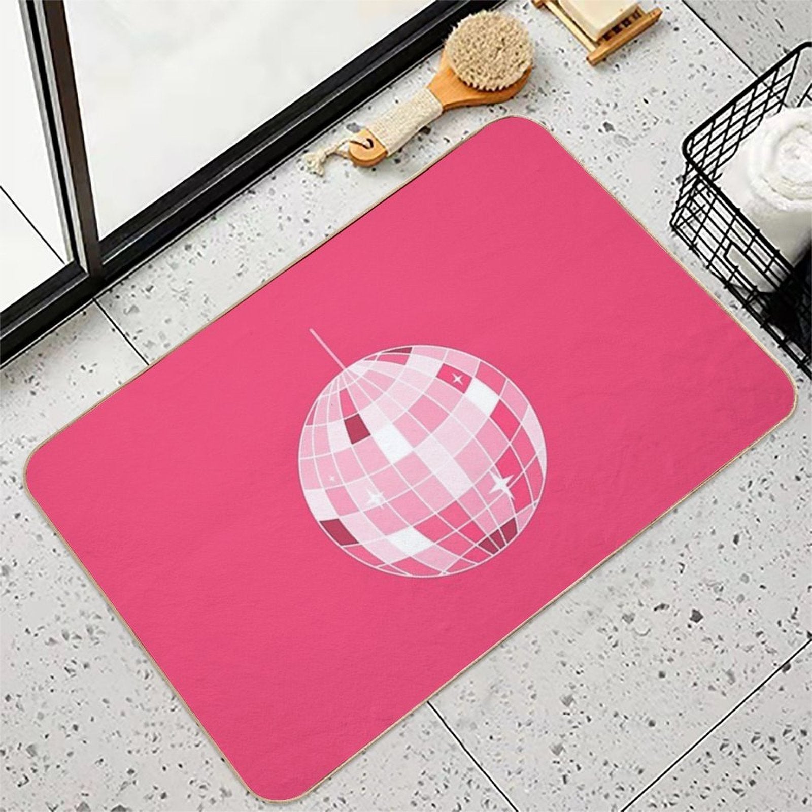 Hot Pink Disco Ball. Mirrorball  Repositionable Bath Mat