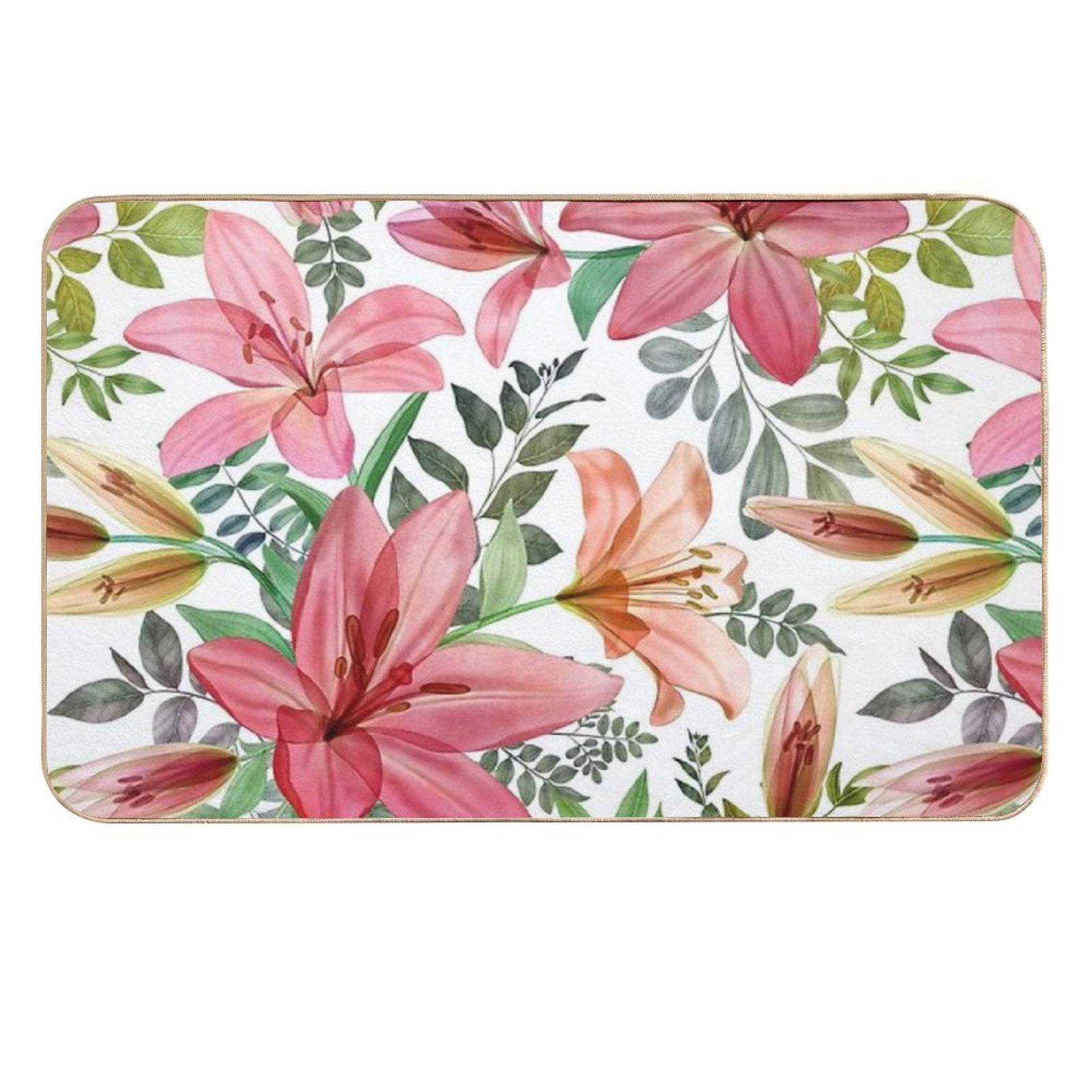 Transparent Lilly Flowers And Leaves Watercolor Seamless Pattern. Translucent Summer Tropical Bouquets. Spring Blossom Garden  Dirt-Trapping Bath Mat