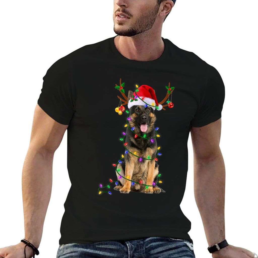 German Shepherd Dog Tree Christmas Lights Dog Lover Pajama  Summer-ready Fabric T-Shirt