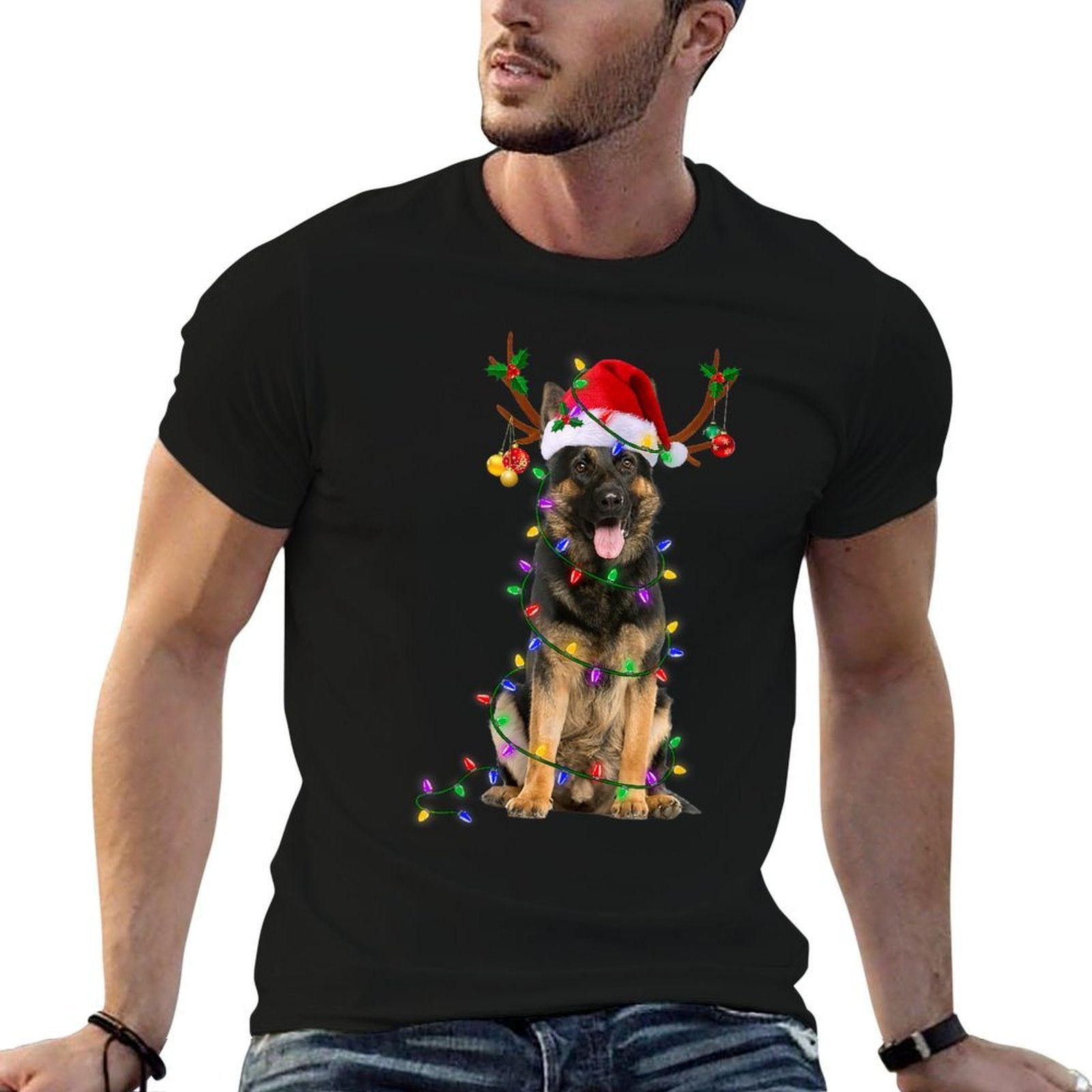 German Shepherd Dog Tree Christmas Lights Dog Lover Pajama  Summer-ready Fabric T-Shirt