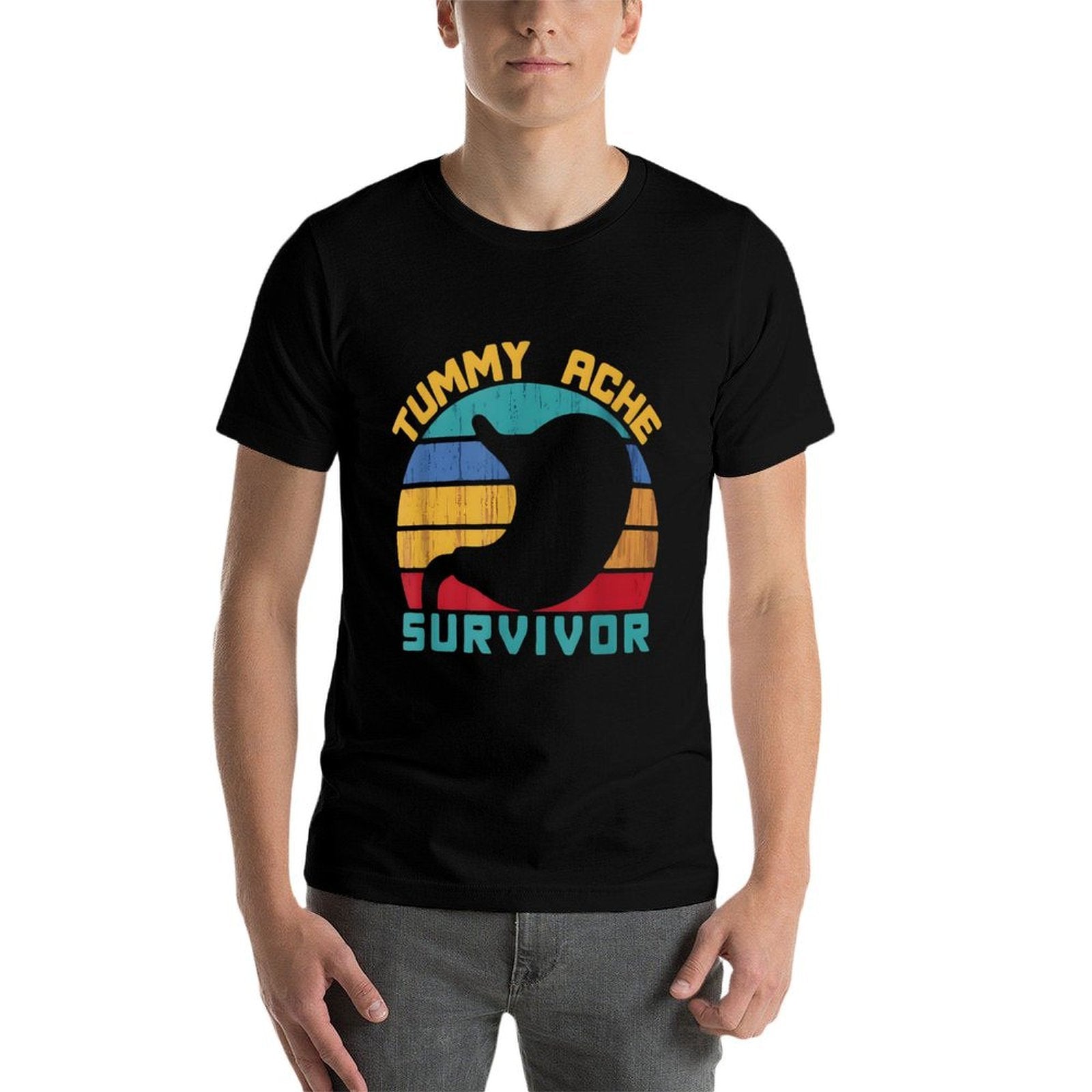 Tummy Ache Survivor Vintage Retro Sunset Stomach Hurts Memes  Fade-proof Color T-Shirt