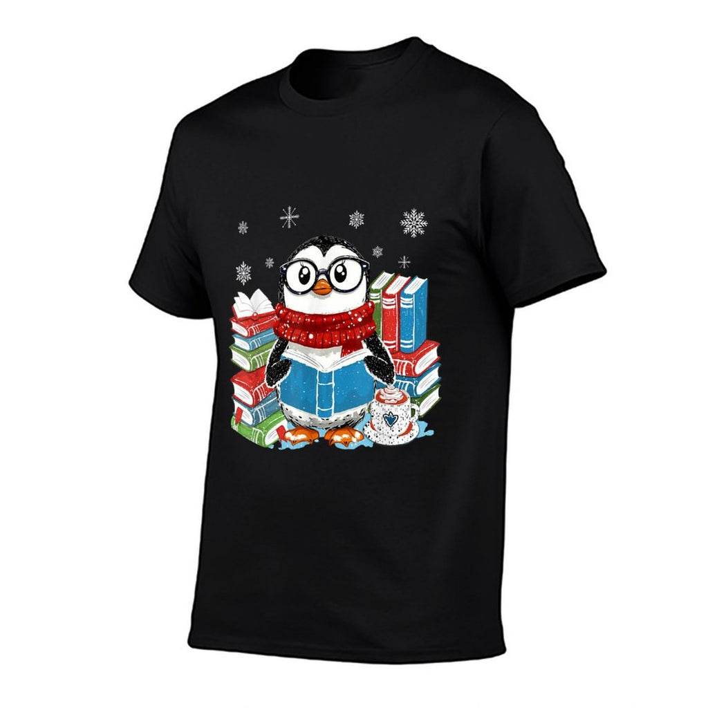 Christmas A Penguin Reading Book Snowflake Cocoa Hot Teacher  Rolled Sleeves T-Shirt