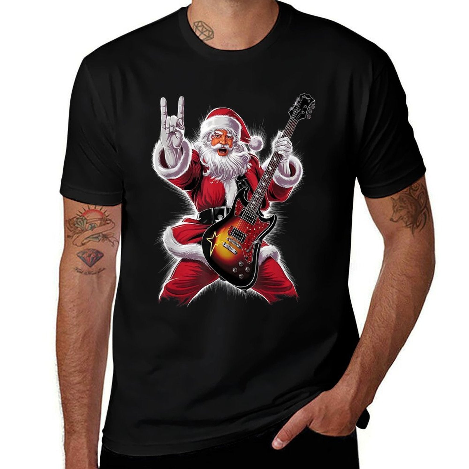 Rock  Roll Christmas Santa Claus Guitar Player  Ribbed Collar T-Shirt