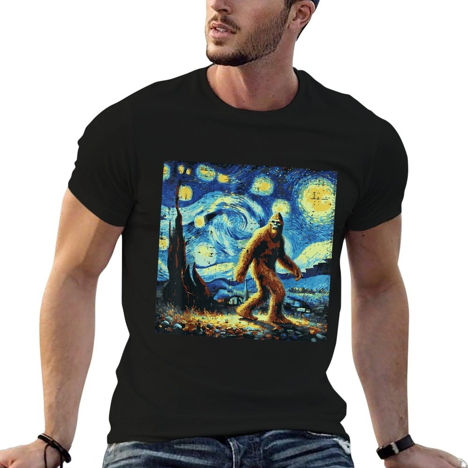 Bigfoot Sasquatch Starry Night Funny Meme Men Women Kids  Cotton T-Shirt