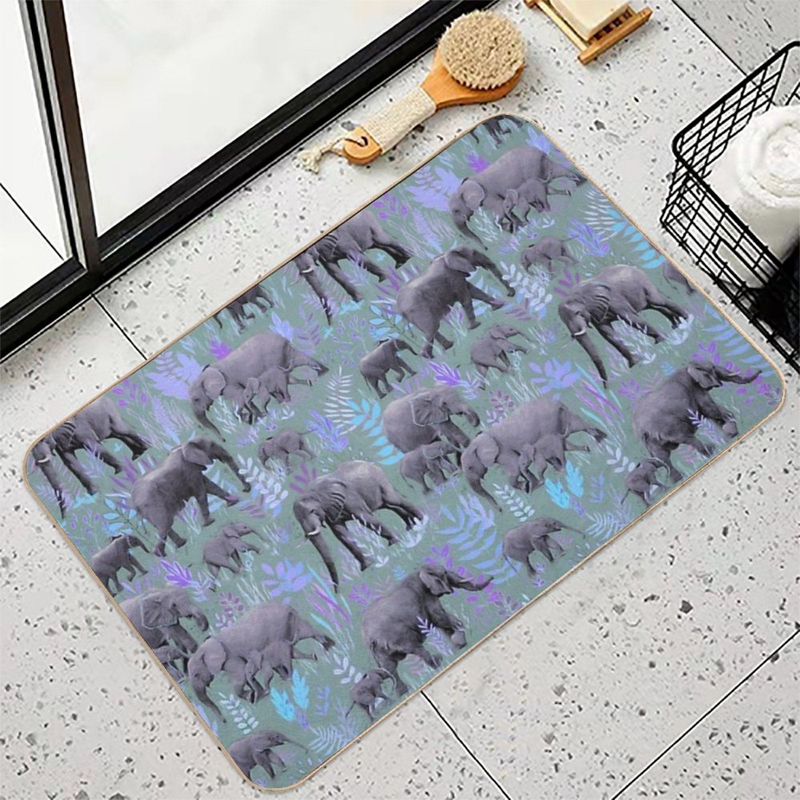 Sweet Elephants in Purple And Grey  Easy To Clean Bath Mat
