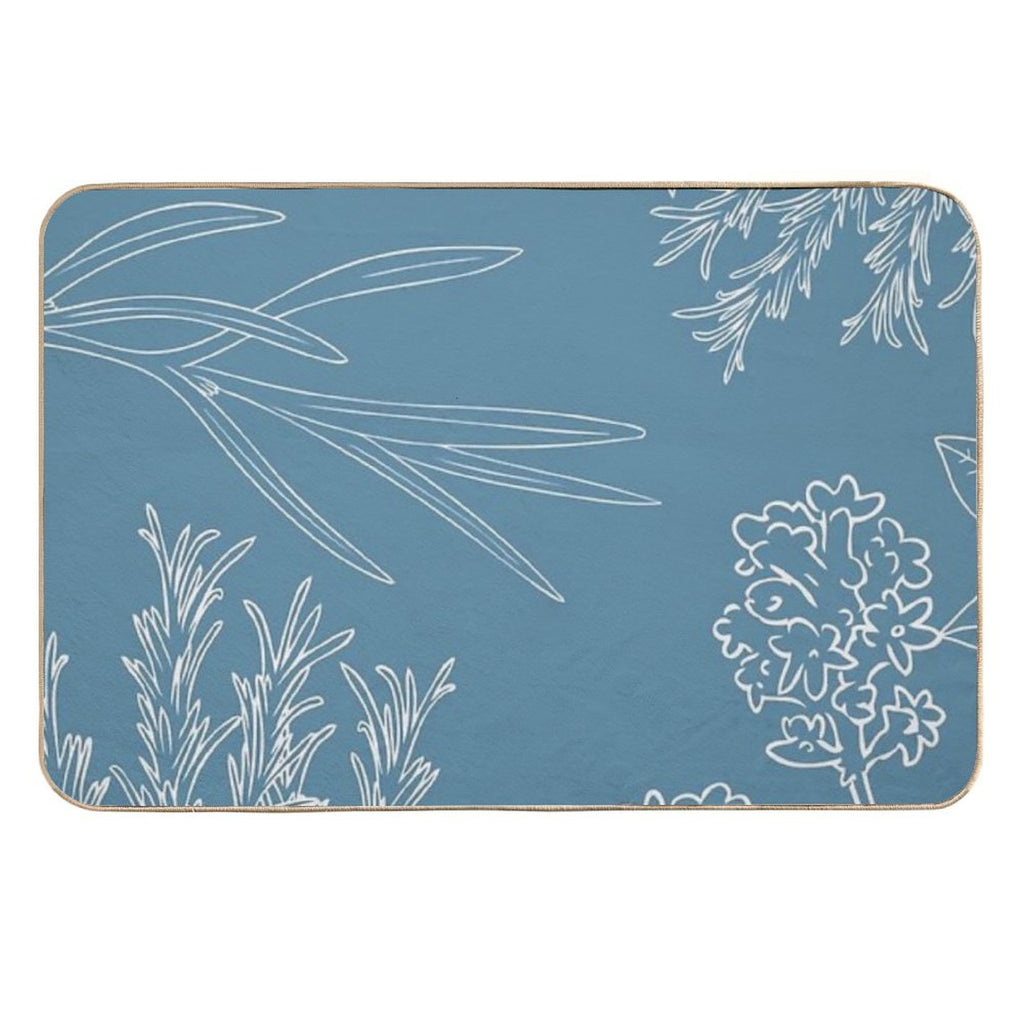 Asthetic White Plants on Blue Pattern  Absorbent Bath Mat