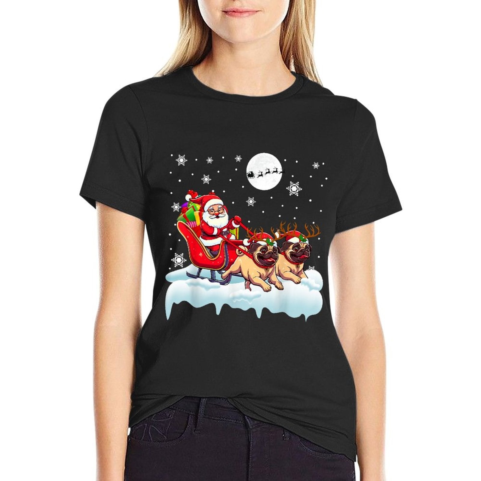 Santa Sleigh Reindeer Pugs Christmas Matching Owner  Heathered Texture T-Shirt