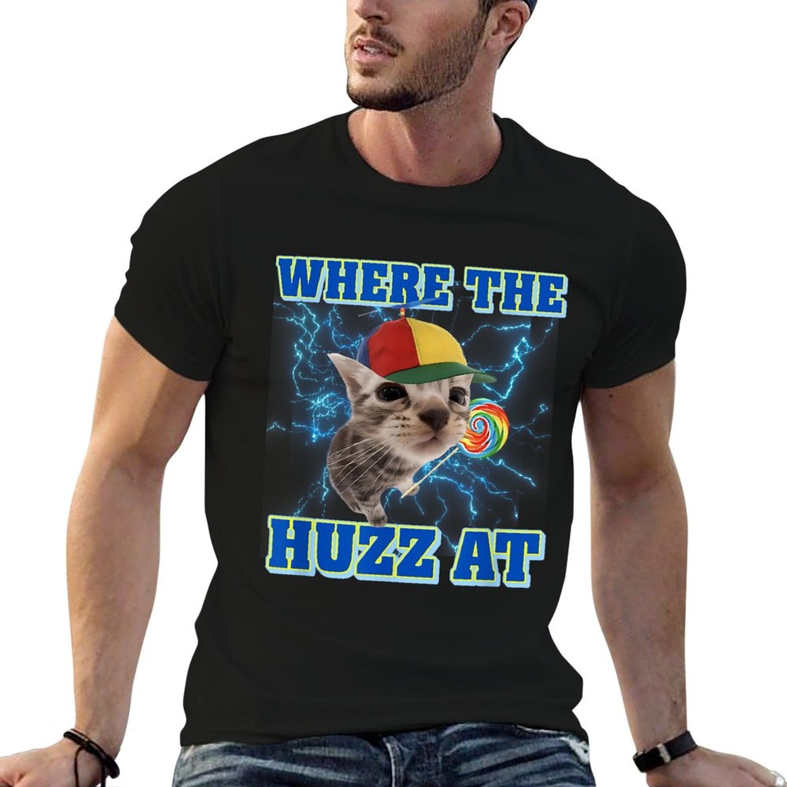 Funny Cat Meme Where The Huzz At Retro Humor Joke Sarcastic  Durable T-Shirt