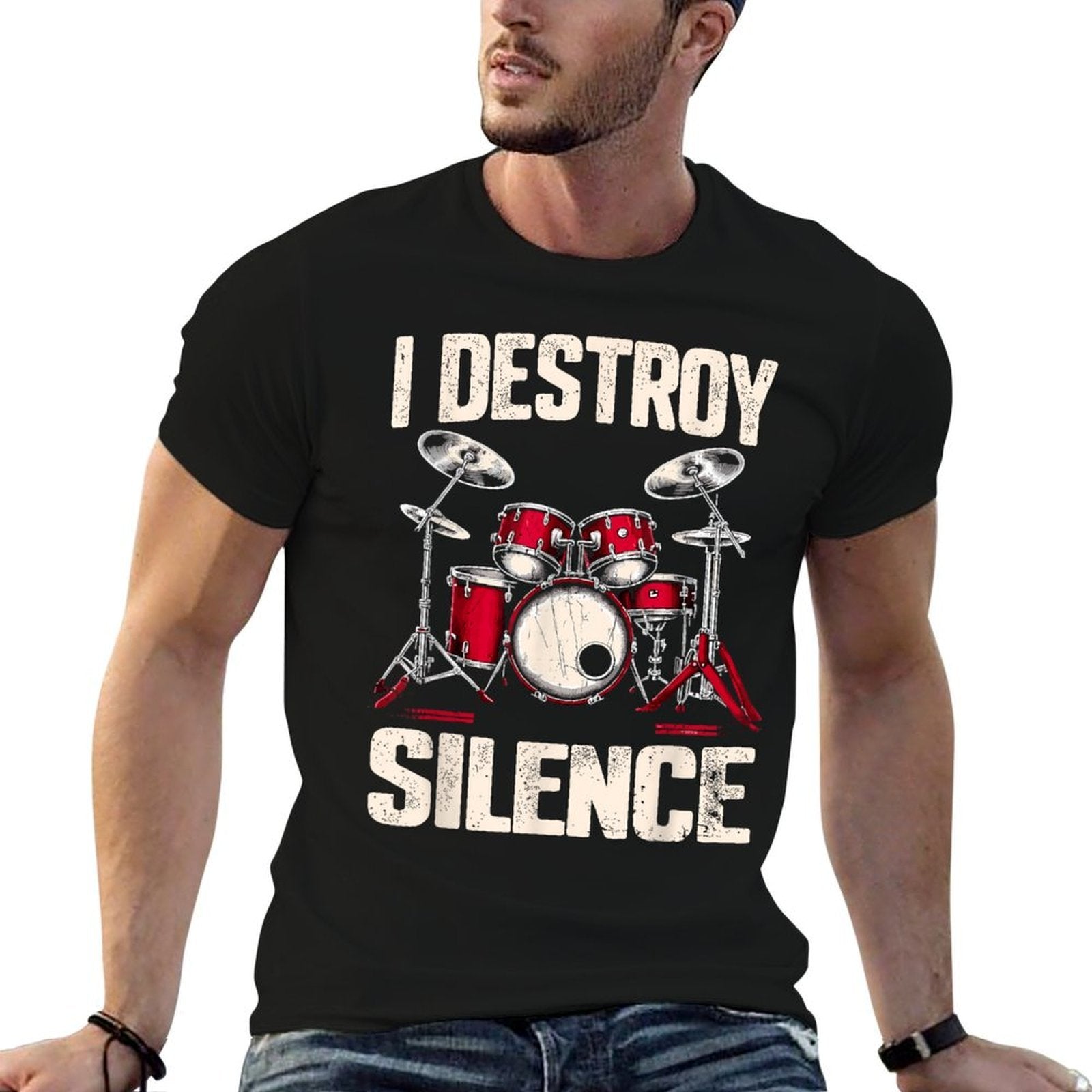 Drummer I Destroy Silence Drum, Small, Black  Graphic-printed T-Shirt