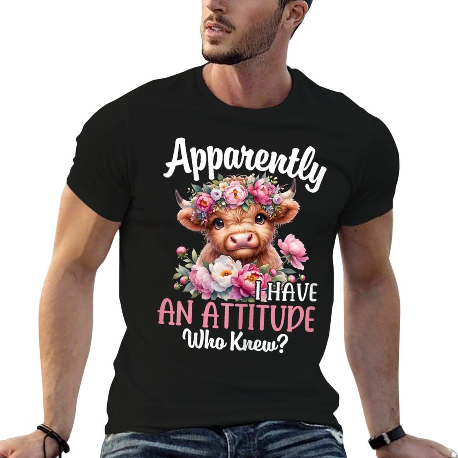 Apparently I Have An Attitude Who Knew Highland Cow Print  Rolled Sleeves T-Shirt