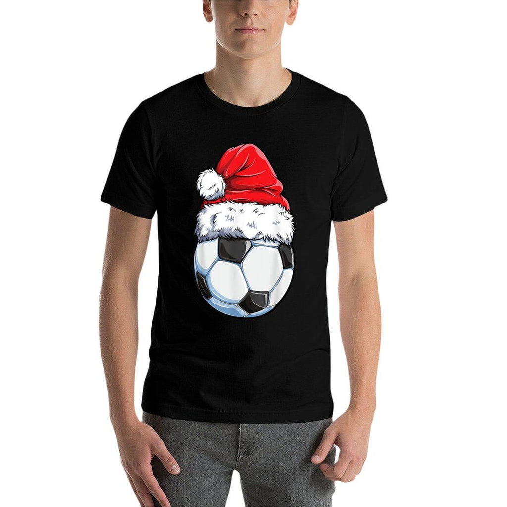 Christmas Soccer Ball Santa Hat Funny Sports Xmas Boys Men  Soft T-Shirt