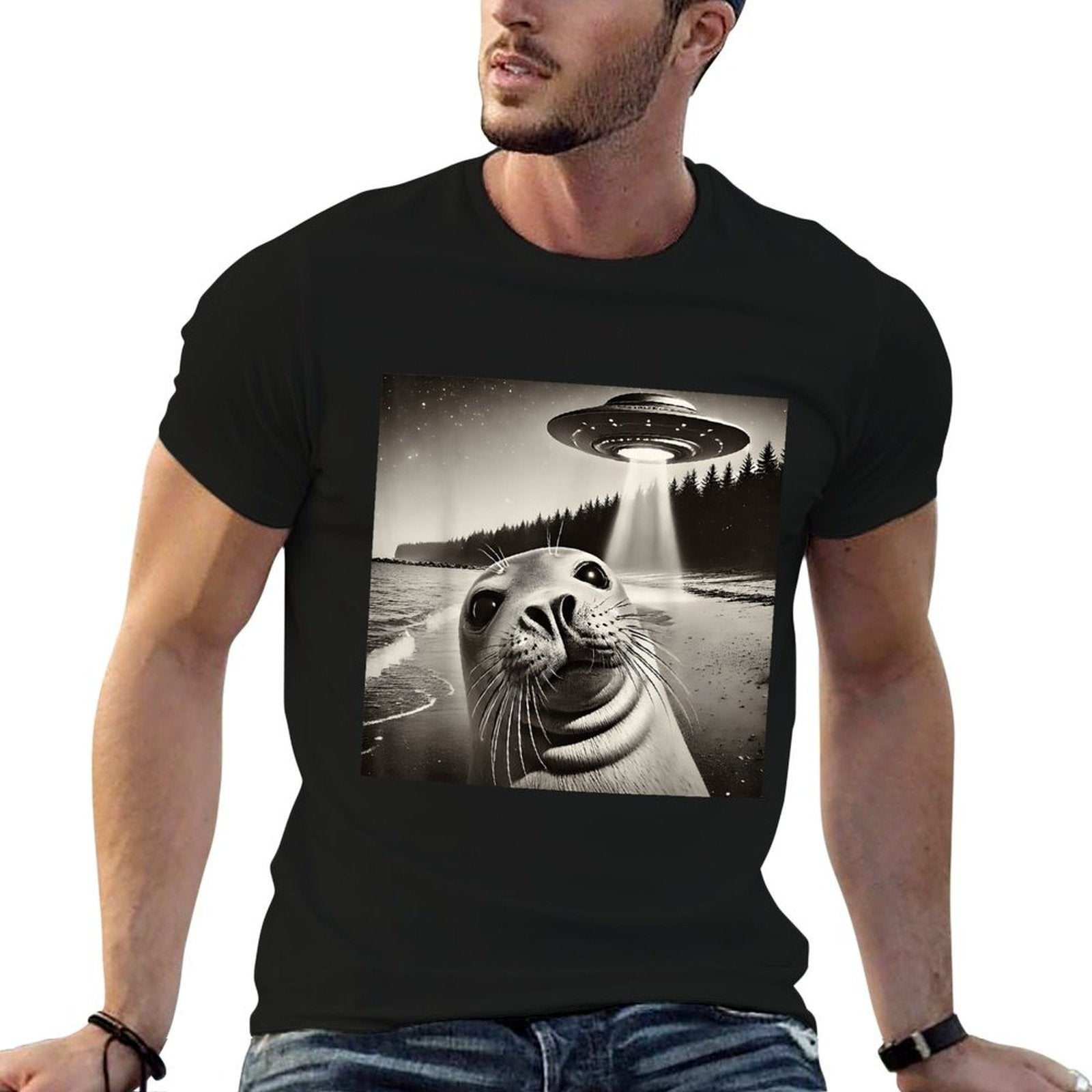 Funny Seal Selfie UFOs  Oversized Silhouette T-Shirt