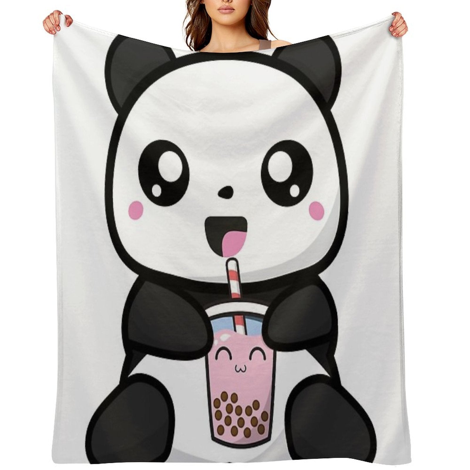 Panda Boba Kawaii Bubble Tea Plush Throw Blanket