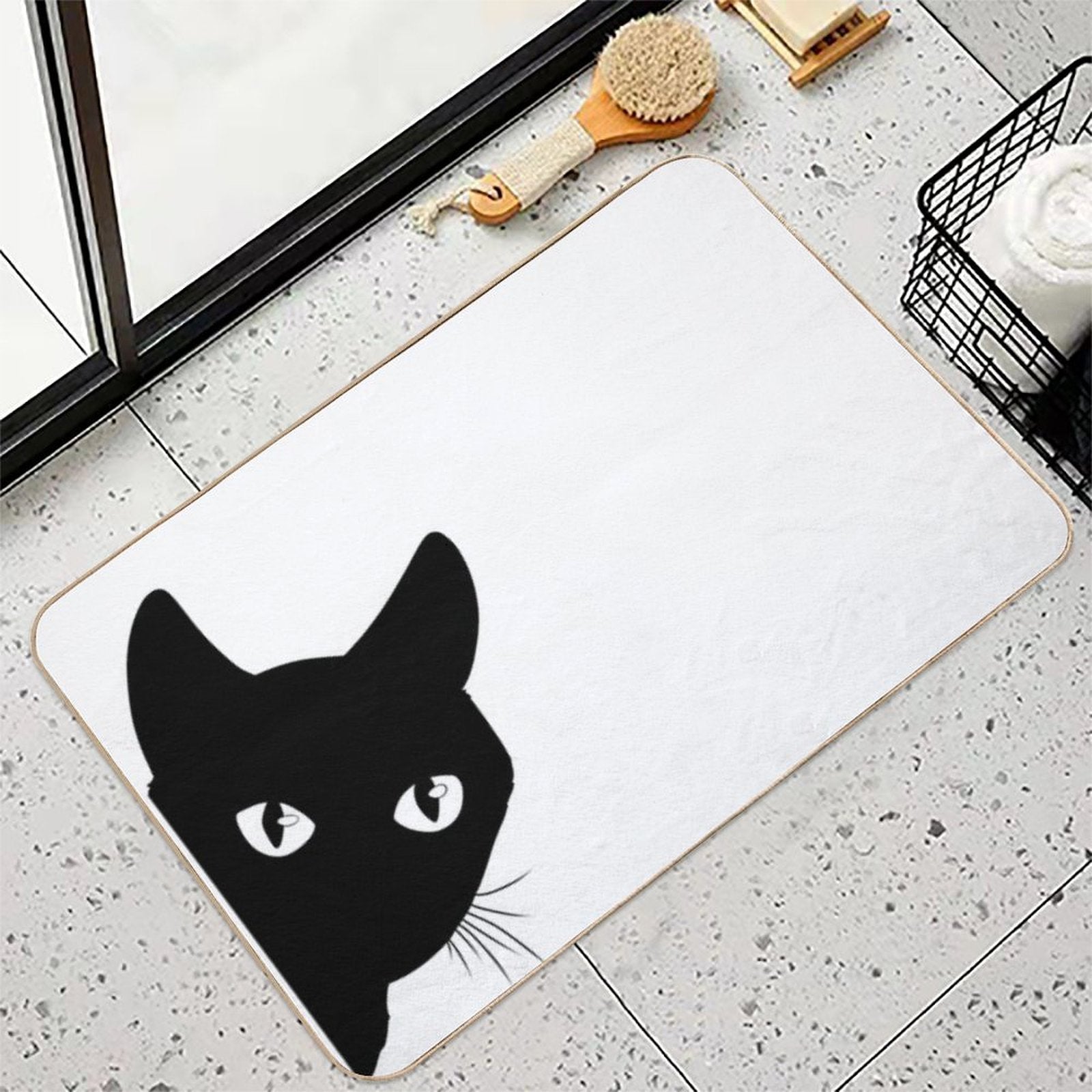Black Cat Peeking Around The Corner Silhouette  Long-Lasting Bath Mat