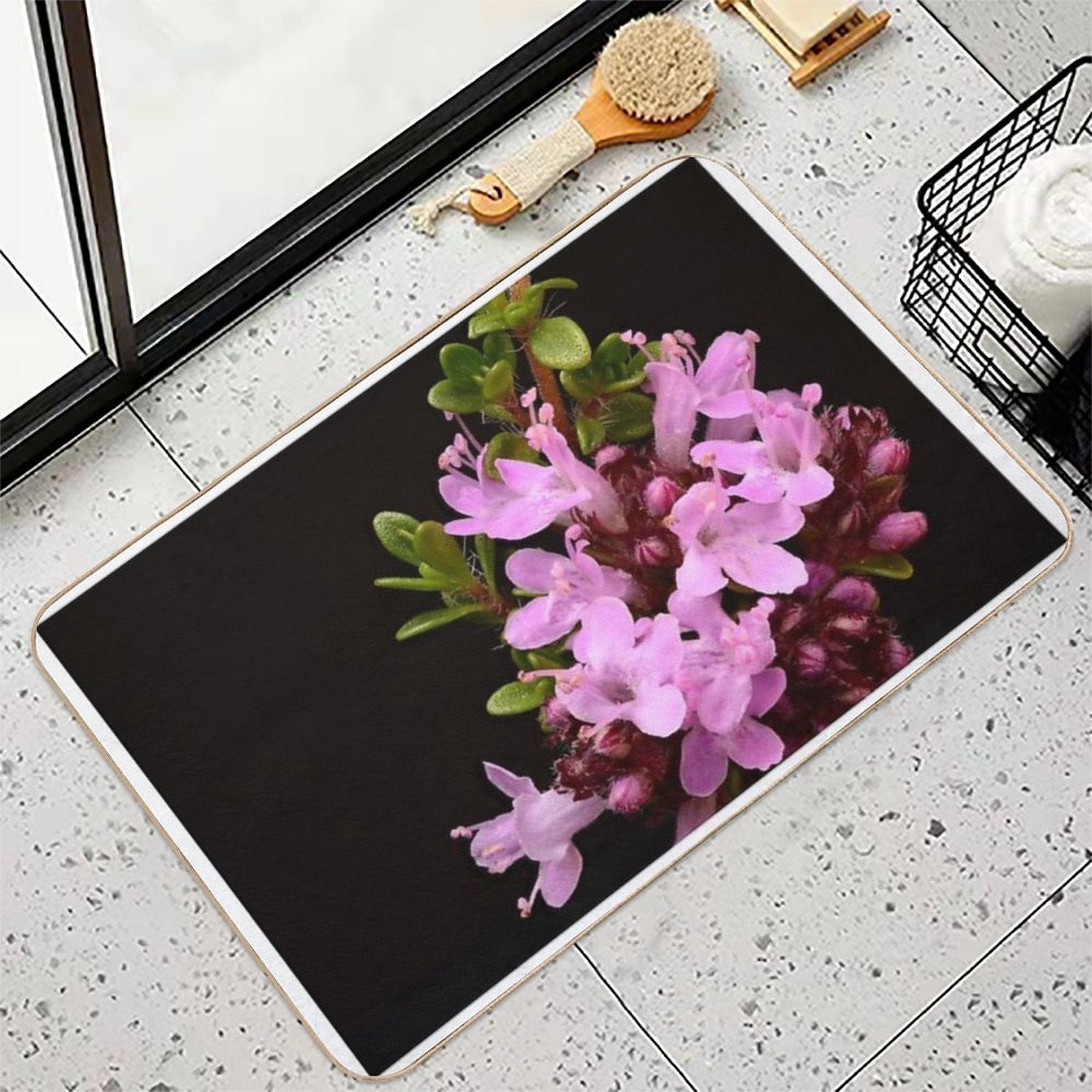 Tiny Pink Flowers Close-Up of Thymus Vulgaris in Bloom  Pet-Safe Bath Mat
