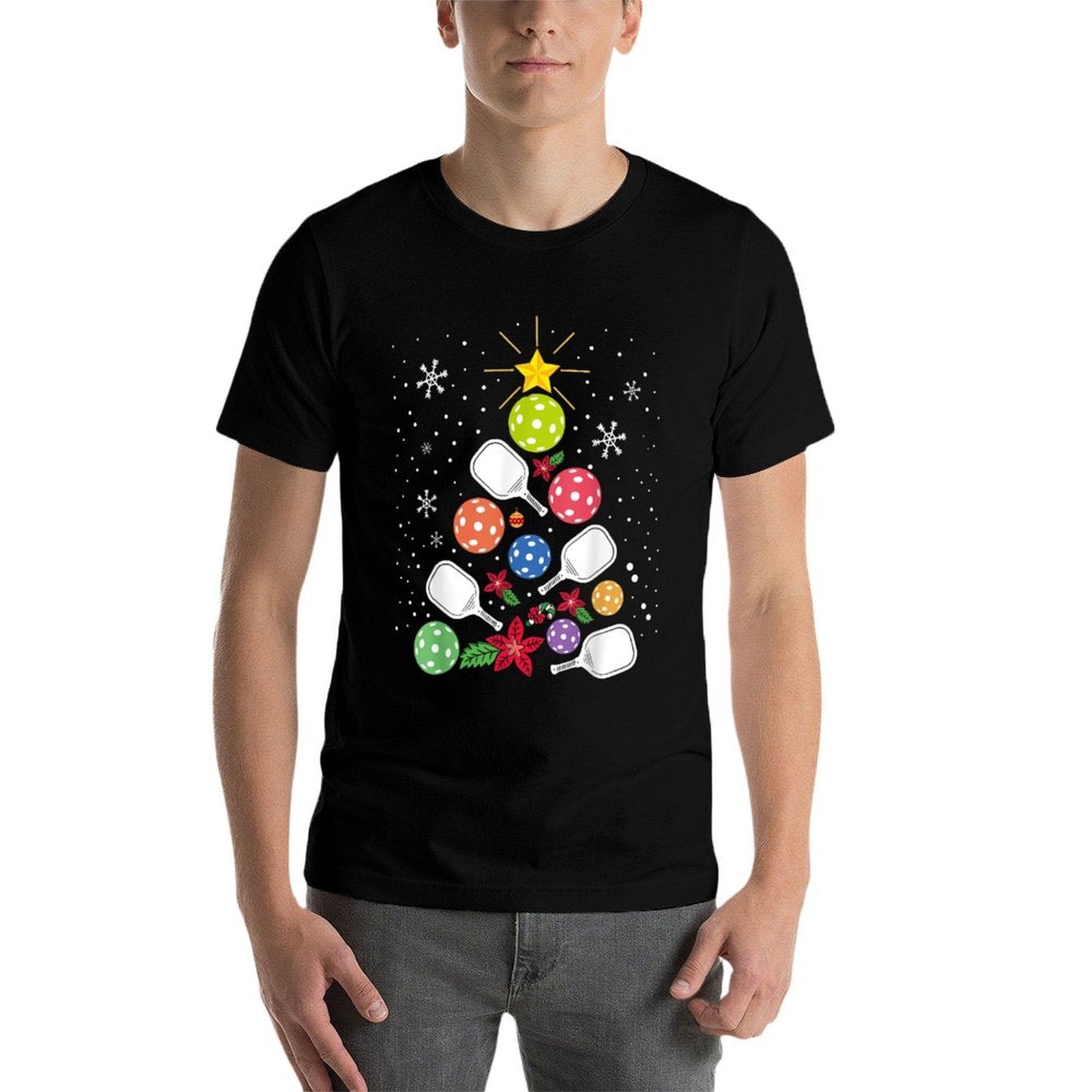 Pickleball Christmas Tree Santa Pickleball X-mas Lights  Polyester Blend T-Shirt