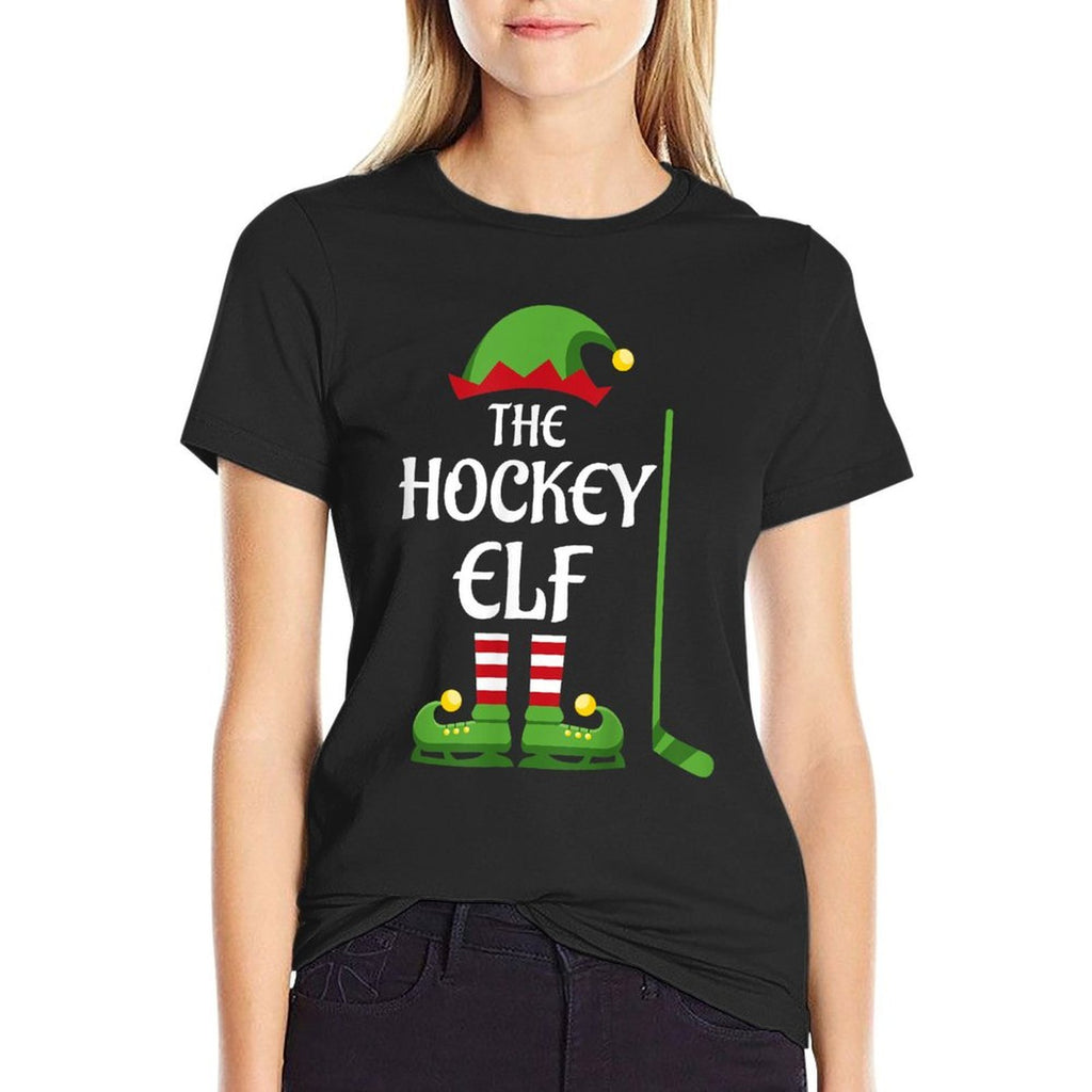 Hockey Elf Family Matching Group Christmas Sporty  Ribbed Collar T-Shirt