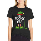 Hockey Elf Family Matching Group Christmas Sporty  Ribbed Collar T-Shirt