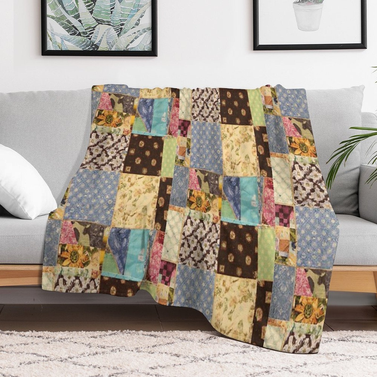 Vintage Home Made Patchwork With Diverse Patterns Sustainable Throw Blanket