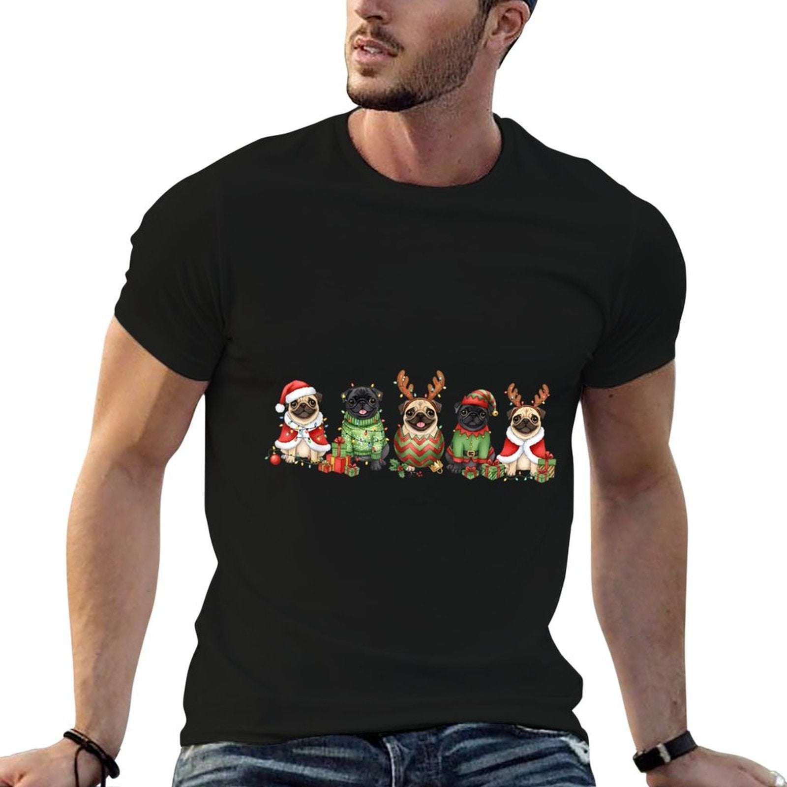 Pug Dogs Christmas Lights Pugmas Santa Dog Lover Gifts  Eco-friendly Material T-Shirt