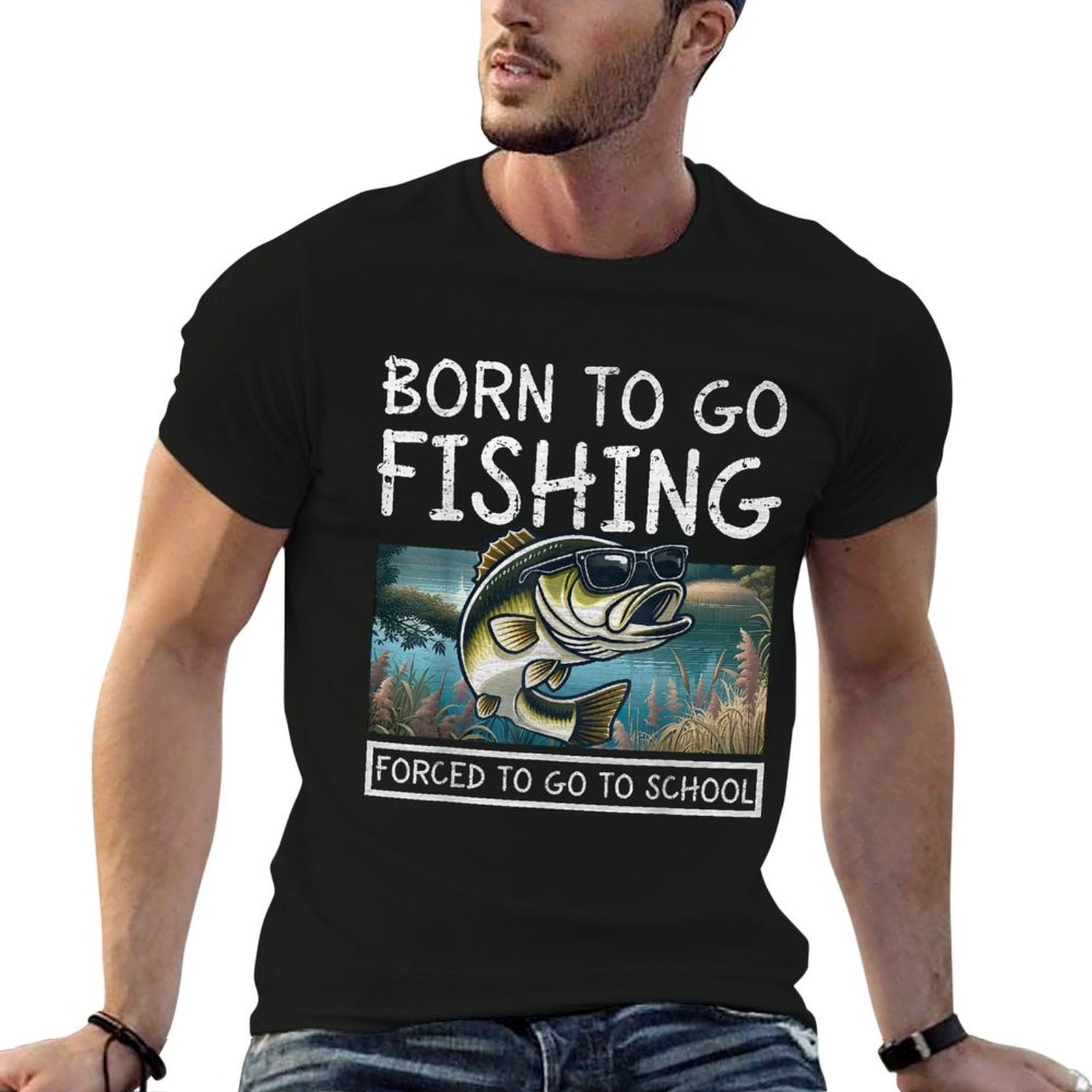 Born To Fish Forced To Go To School Funny Fishing Boysn  Slim-fit Cut T-Shirt