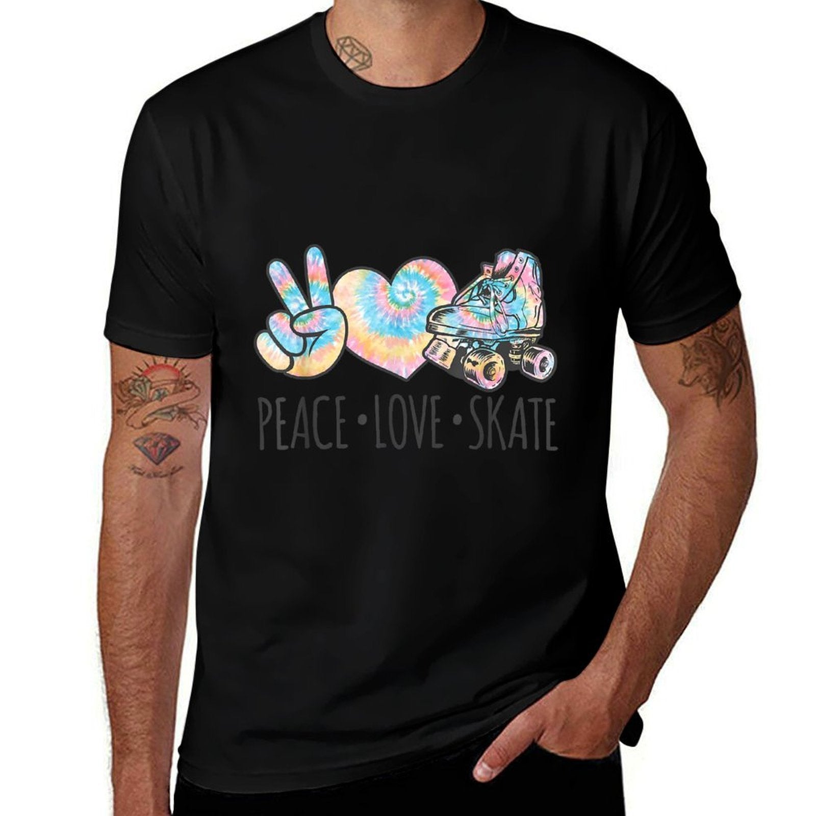 Tie Dye Roller Skating Forn Girls  Peace Love Skate  Rolled Sleeves T-Shirt