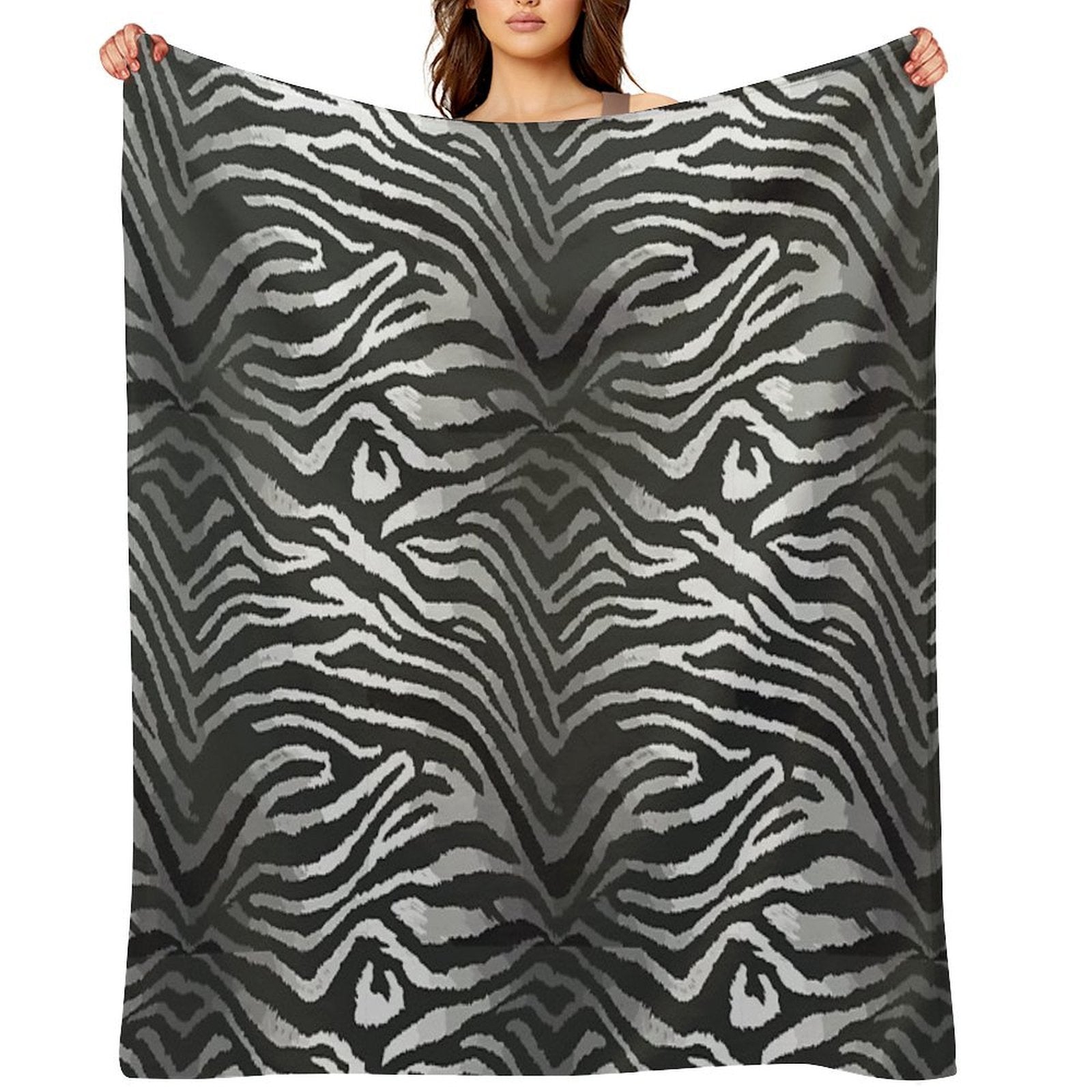 Black And White Seamless Pattern with Tiger Skin, Seamless Tiger Stripe Pattern, Wild Animal Tiger Head Face Mascot Design Vecto Quick-dry Throw Blanket